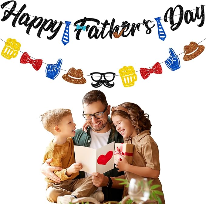 Glitter Happy Father's Day Banner Set - 2-Pack Metallic Hanging Bunting Garland with Tie & Beer Graphics | Pre-Strung Heavy 400g Cardstock Sign for Fireplace Mantle, Wall Party Decorations, Photo Props