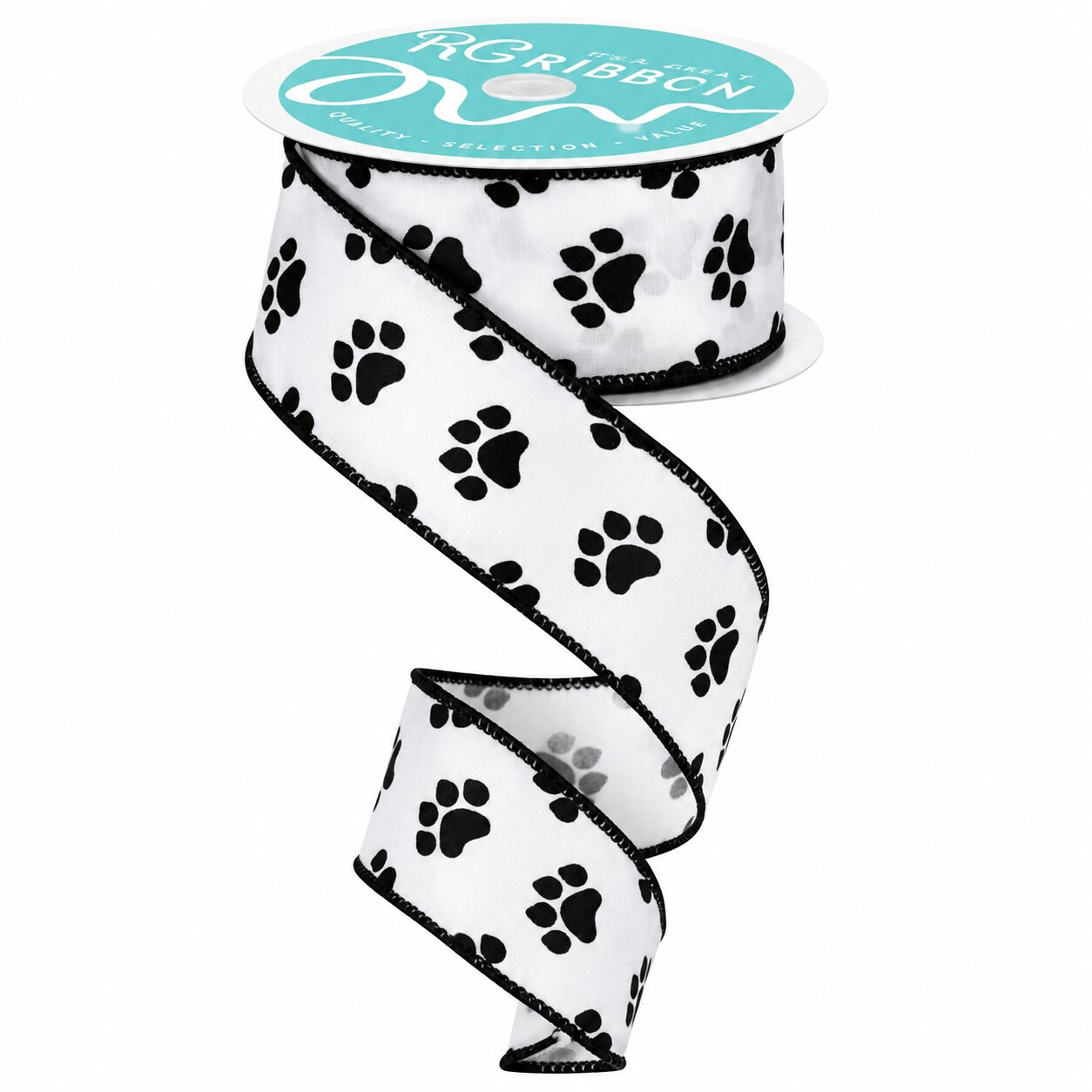 Paw Print 1.5" Inch Wired Ribbon, 30' Feet - White, Black - For Bows and Wreaths