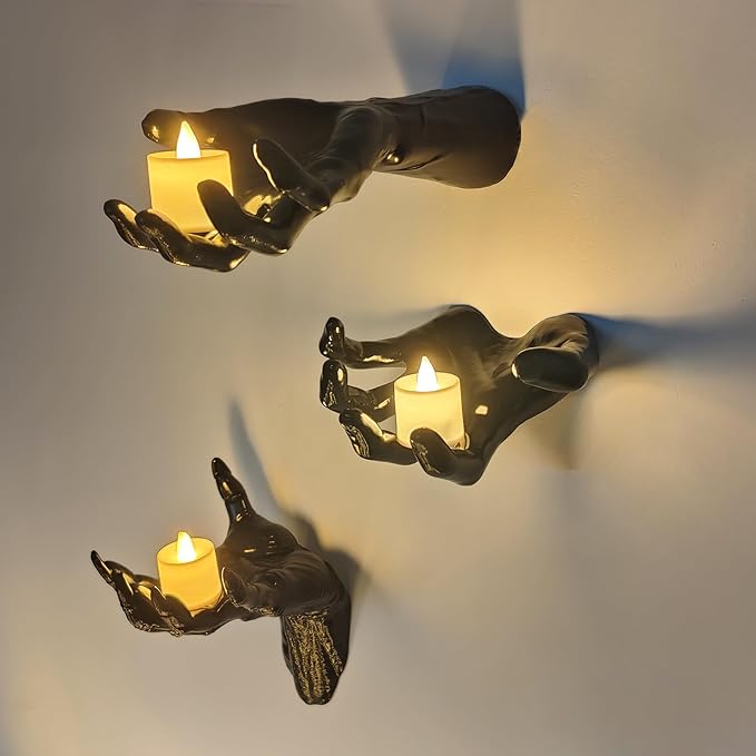 3-Pack Halloween Wall-Mounted Reaching Hands – Life-Sized Creepy Horror Decor with Lighted Candles, Gothic Gothic Wall Art for Haunted Houses & Spooky Parties