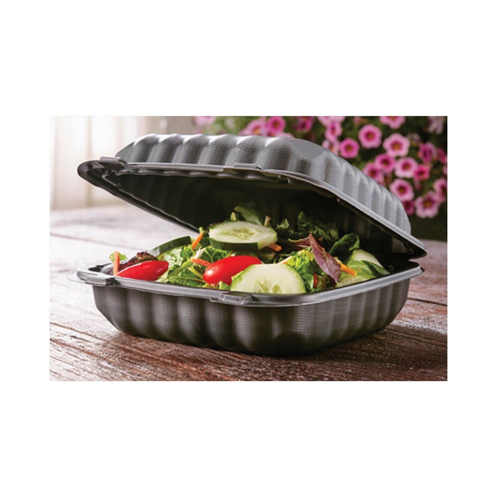 Pactiv Corp. 8.31 in. x 8.35 in. x 3.1 in. EarthChoice SmartLock Microwavable MFPP Plastic Hinged Lid Container - Black (200/Carton)