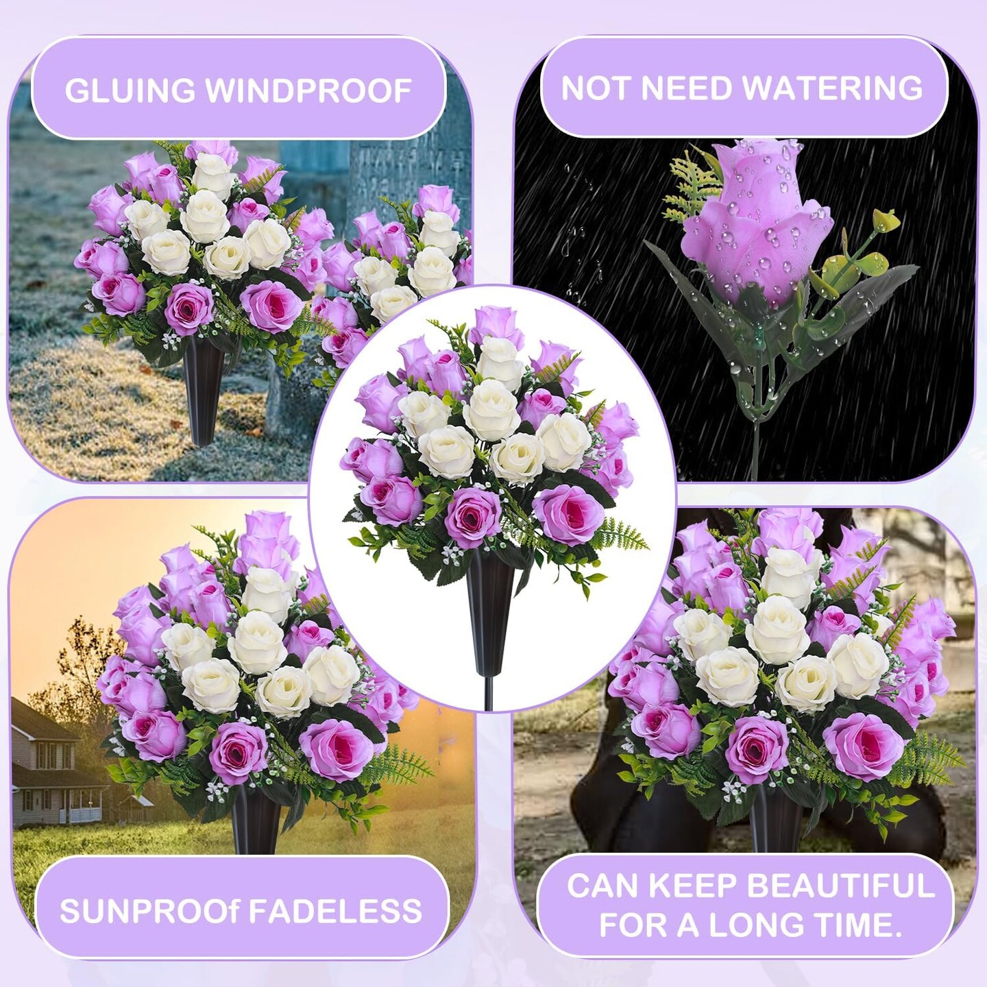 Artificial Cemetery Flowers for Grave Vase - Set of 2 Purple & White Silk Rose Memorial Bouquets - 15.8" Weather Resistant Gravesite Flower Arrangement - Windproof Headstone Decor with Vases