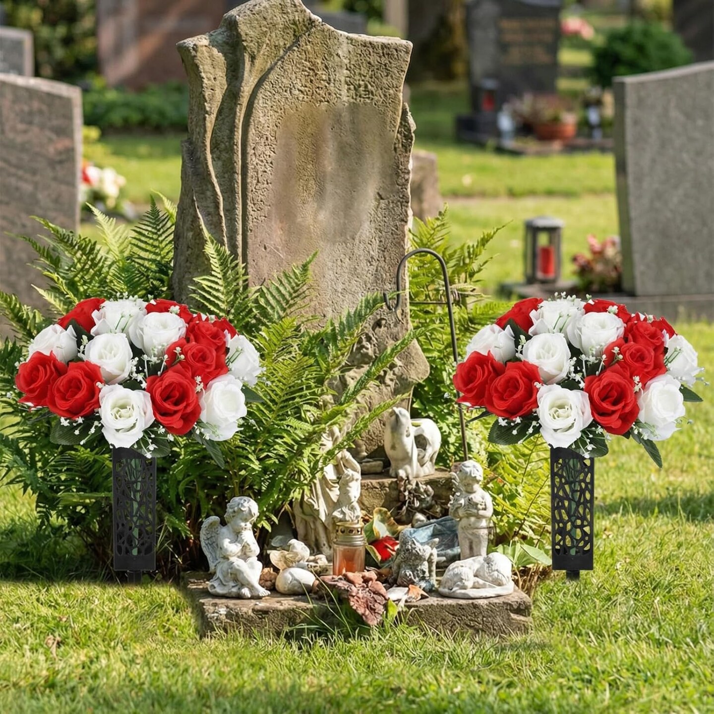 2 Sets Artificial Cemetery Flowers for Grave, Outdoor Roses Funeral Flowers with Cemetery Vase, Memorial Flowers Arrangements Bouquet Vibrant and Long-Lasting Colors(White+Red)