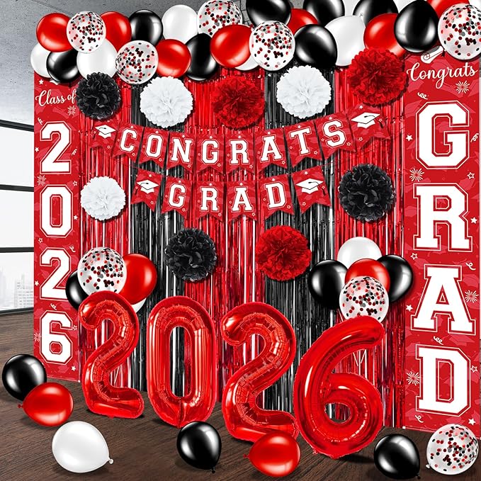 Graduation Party Decorations Class of 2026, Graduation Decorations with Congrats Grad Banner Fringe Foil Curtain Paper Flower Ball Balloons for High School College Grad Party Supplies, Red
