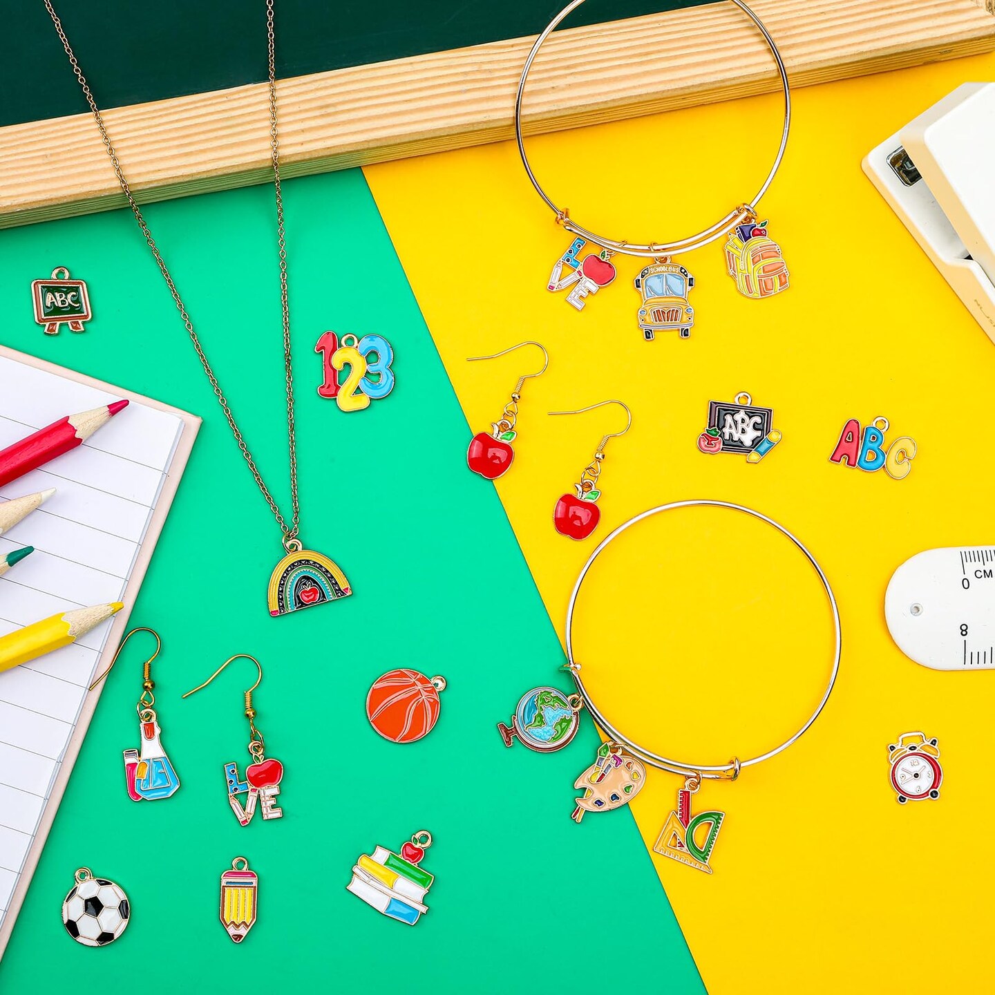 Back to School Charms, 40Pcs/20 Pairs Teacher Charms for Jewelry Making, First Day of School Enamel Pencil Book Blackboard Pendants for Bracelet Necklace Earrings