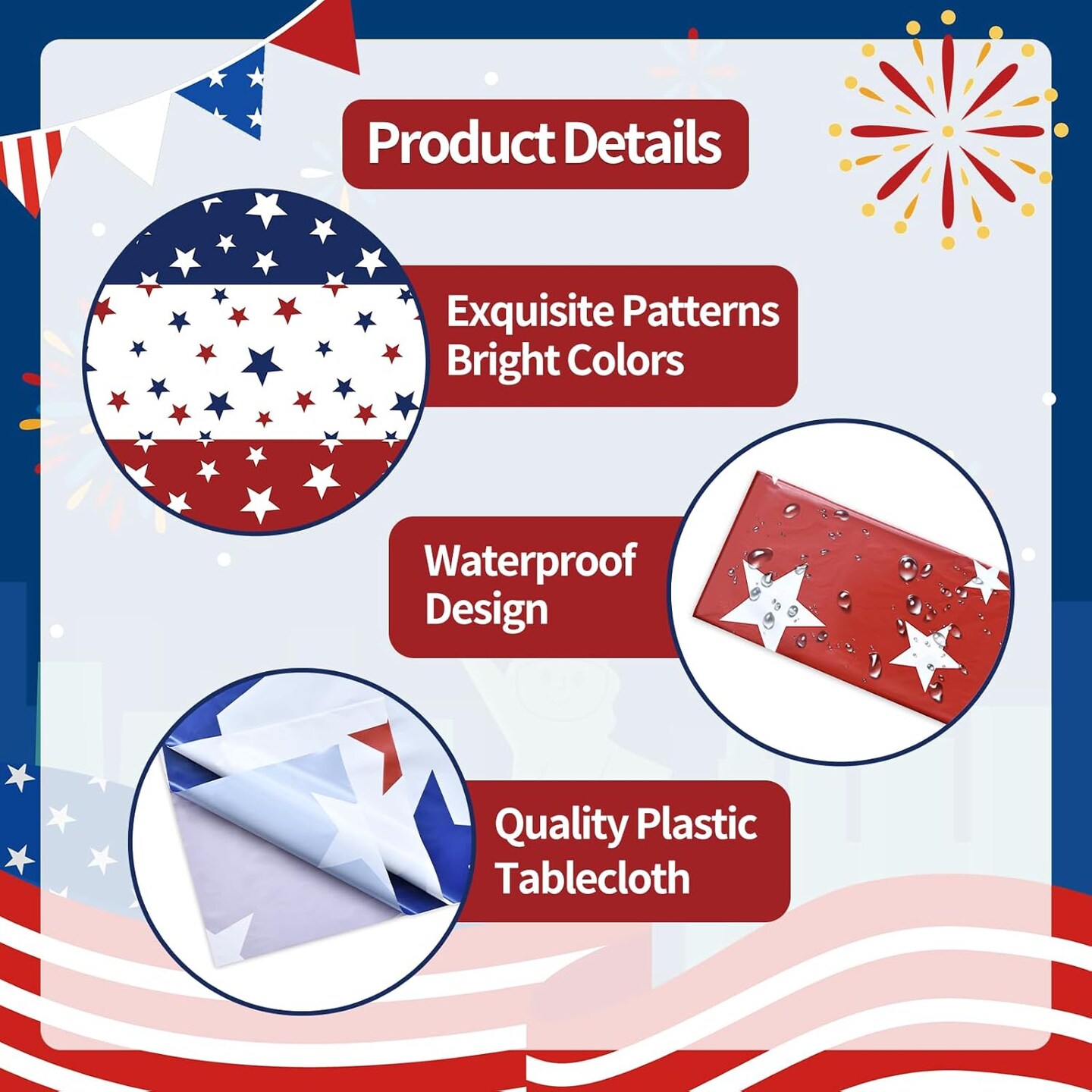 3 Pack Patriotic Plastic Tablecloth – 54 x 108 Inch Red, White & Blue Stars Disposable Rectangle Table Cover for 4th of July, Memorial Day & Independence Day Decorations