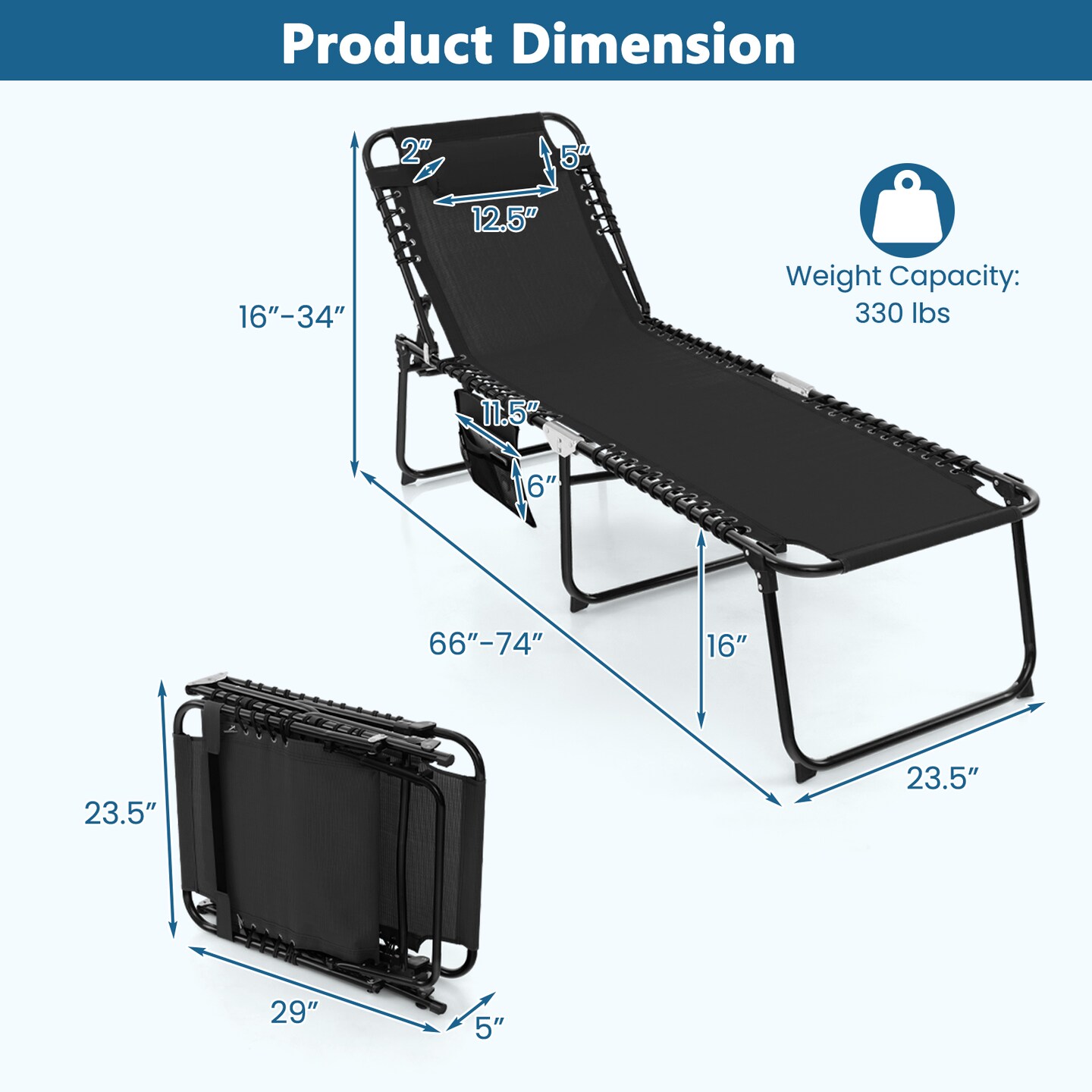 Costway Folding Lounge Chaise 16'' High Recline Chair W/Adjustable Backrest and Footrest