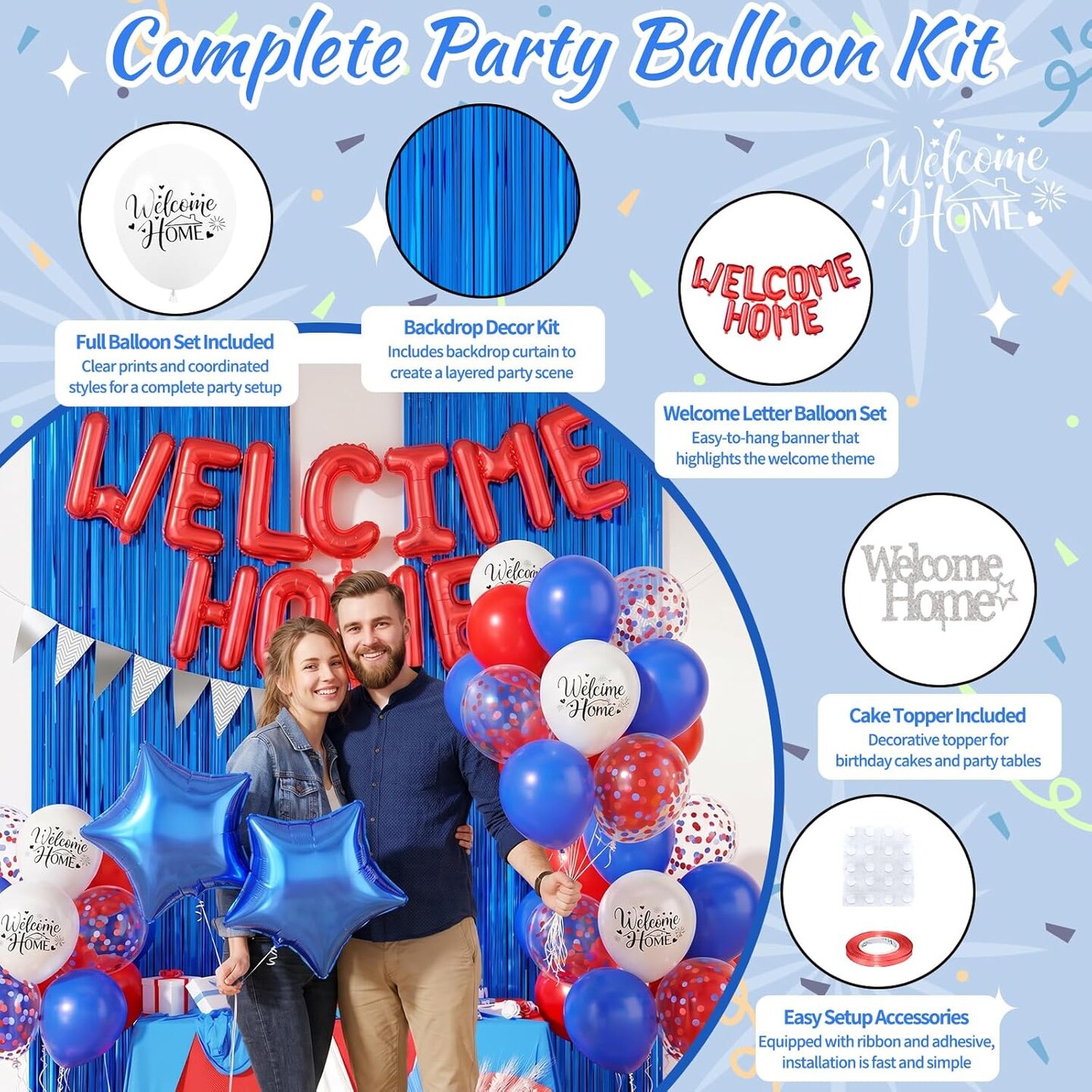 Blue Red White Welcome Home Decorations Kit – Balloons, Banner, Fringe Curtain & Cake Topper for Patriotic 4th of July, Military Homecoming & Family Welcome Party Supplies