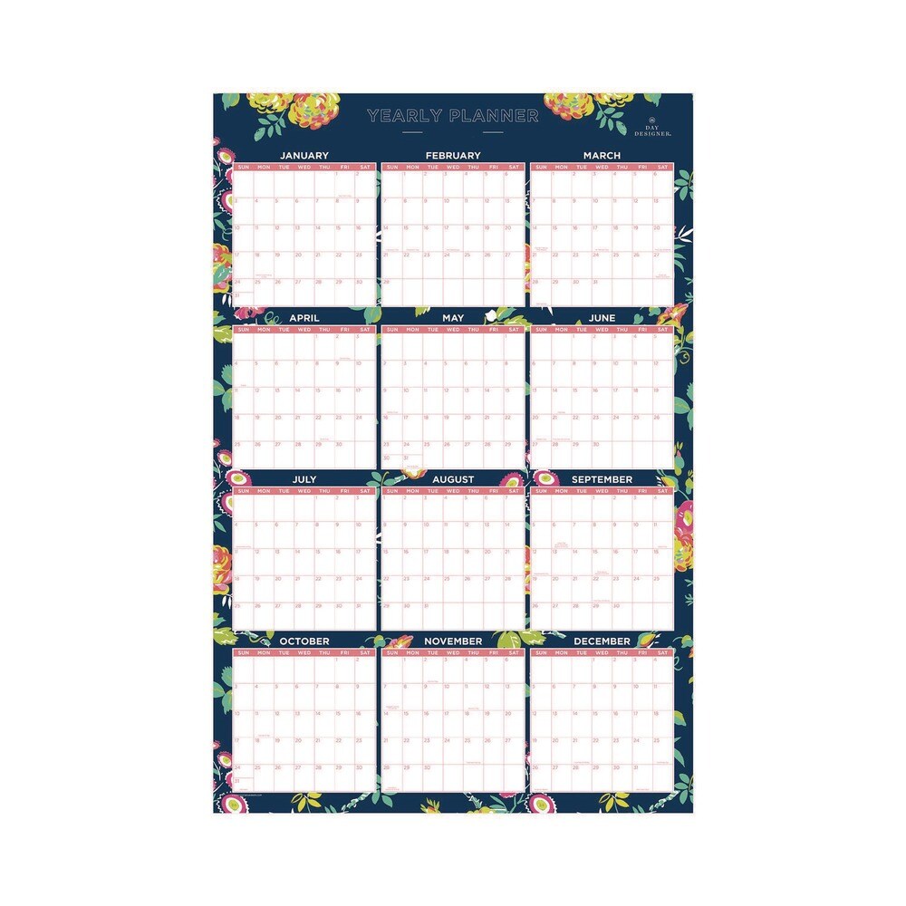 Blue Sky 36 in. x 24 in. 12-Month (Jan-Dec 2026) Day Designer Peyton Laminated Erasable Wall Calendar - White/Navy Sheets