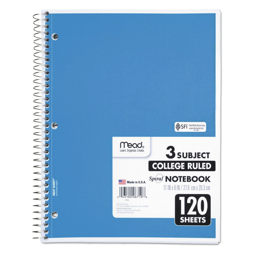 Mead 11 in. x 8 in. Sheets 3-Subject Medium/College Rule Spiral Notebook - Random Assorted Cover Color