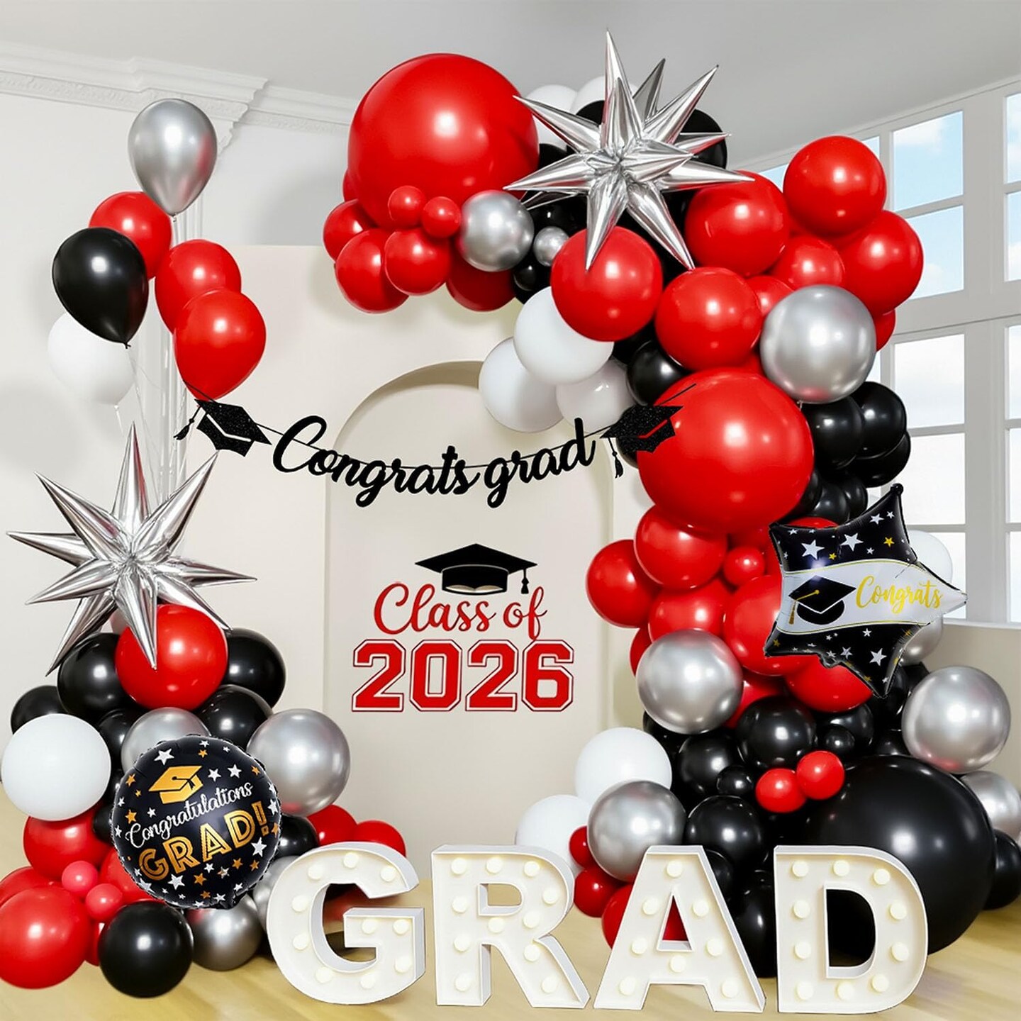Graduation Decorations Class of 2026, Graduation Balloon Arch Kit Red and Black with Congrats Grad Banner Foil Balloons for Congrats Grad Party Decorations Class of 2026 Party Supplies