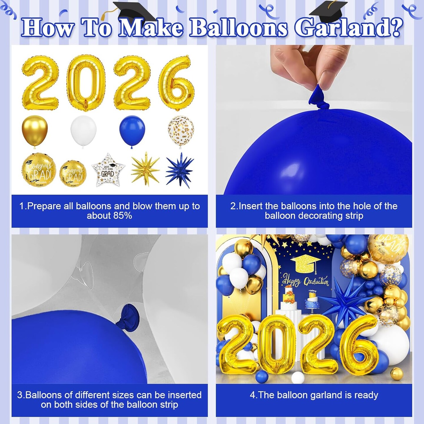 Navy Blue and Gold Graduation Balloon Arch Kit 2026 - All-in-One Garland with 32" Gold 2026 Foil Numbers, Star & Grad Hat Balloons - 100Pcs Class of 2026 Party Decorations for College and High School