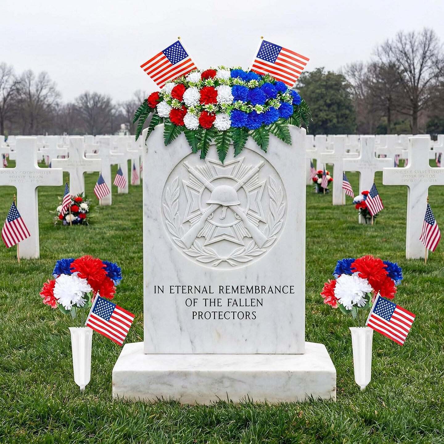 3 Pcs Patriotic Cemetery Flowers Set - Red White & Blue Memorial Day Headstone Flower Saddle & 2 Matching Vases - UV Resistant Silk Mums & American Flags - Patriotic Grave Decorations for Veterans