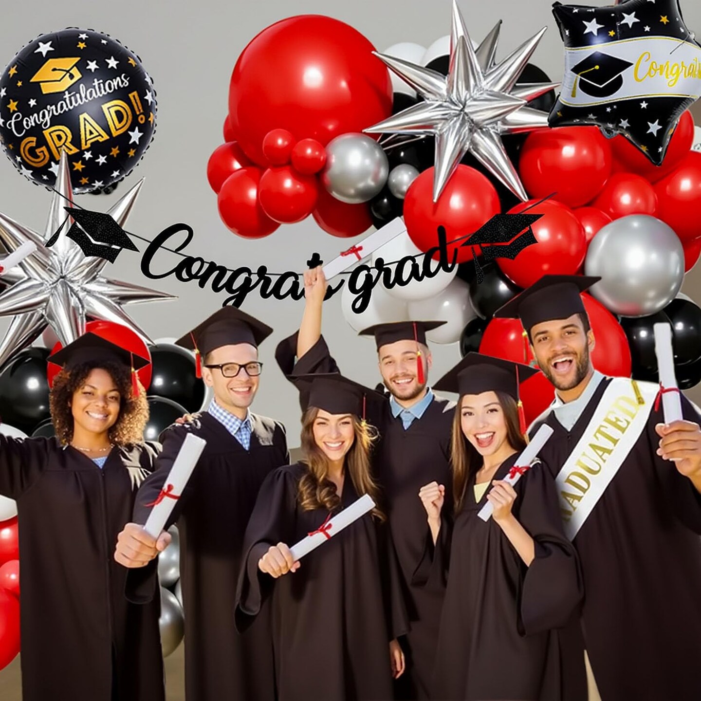 Graduation Decorations Class of 2026, Graduation Balloon Arch Kit Red and Black with Congrats Grad Banner Foil Balloons for Congrats Grad Party Decorations Class of 2026 Party Supplies