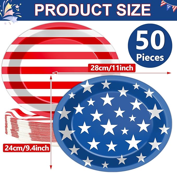 Patriotic Oval Paper Plates (Large 11 Inch, 50 Pcs) – Heavy Duty Disposable 4th of July American Flag Plates, Red White and Blue Serving Platters for Independence Day BBQ, Memorial Day Supplies