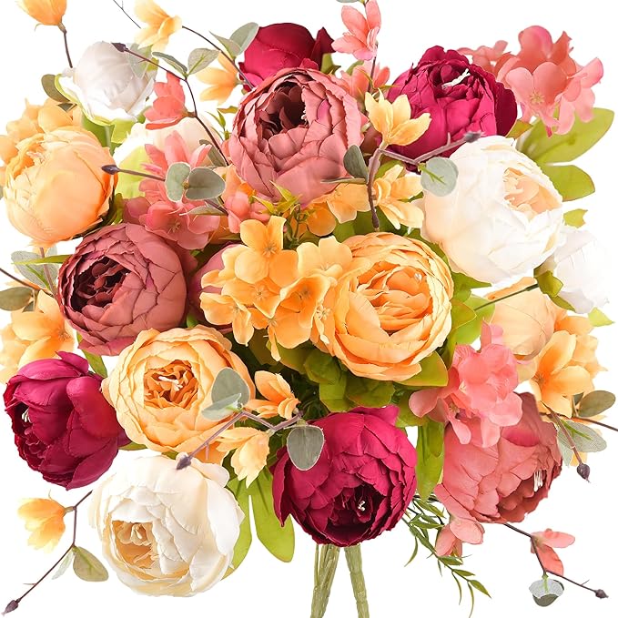 Artificial Peony Bouquets, 2 Silk Flower Bundles in Peach, Coral, Cream & Burgundy with Hydrangeas for Wedding Centerpieces & Home Decor (Country Delightful)