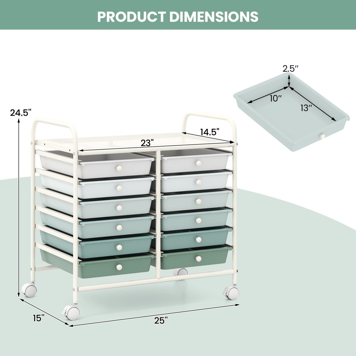 Rolling Organizer Cart with 12 Plastic Drawers Lockable Casters and Metal Frame for Craft and School Supplies