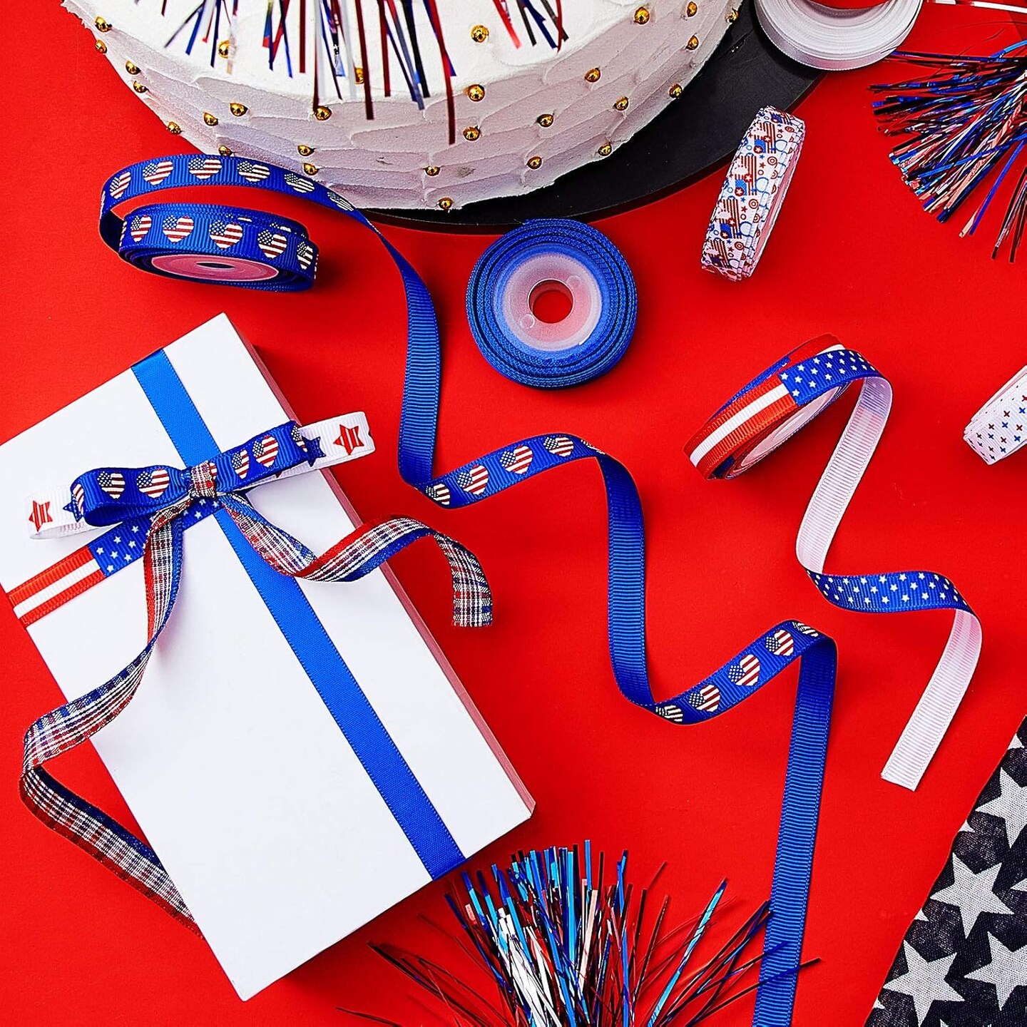 12 Rolls 4th of July Patriotic Grosgrain Ribbon Set – 60 Yards Red White & Blue Craft Ribbon (12 Styles) for Gift Wrapping, DIY Crafts, Hair Bows, Wreath Making & Decorations