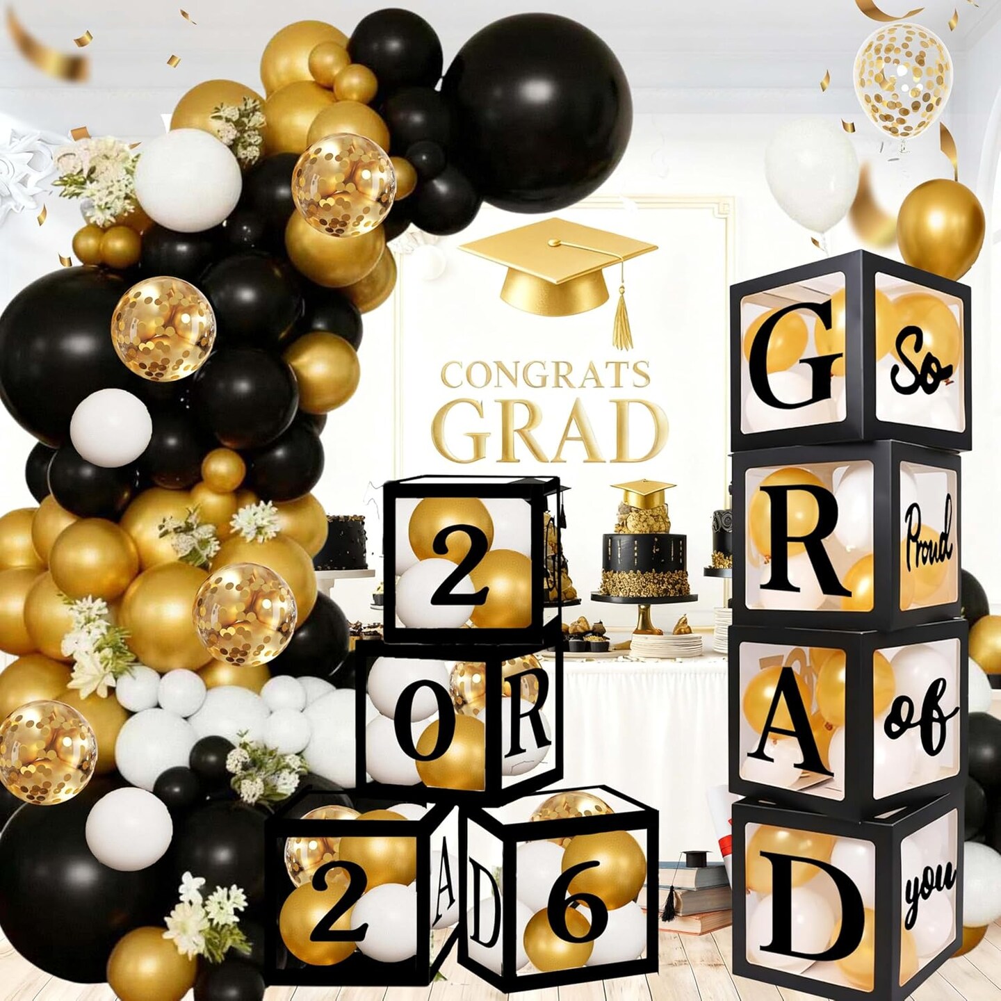Class of 2026 Graduation Decorations – Black & Gold Balloon Boxes with 100-Piece Balloon Garland Kit, GRAD & So Proud of You Cutouts, High School & College Graduation Party Supplies Photo Backdrop