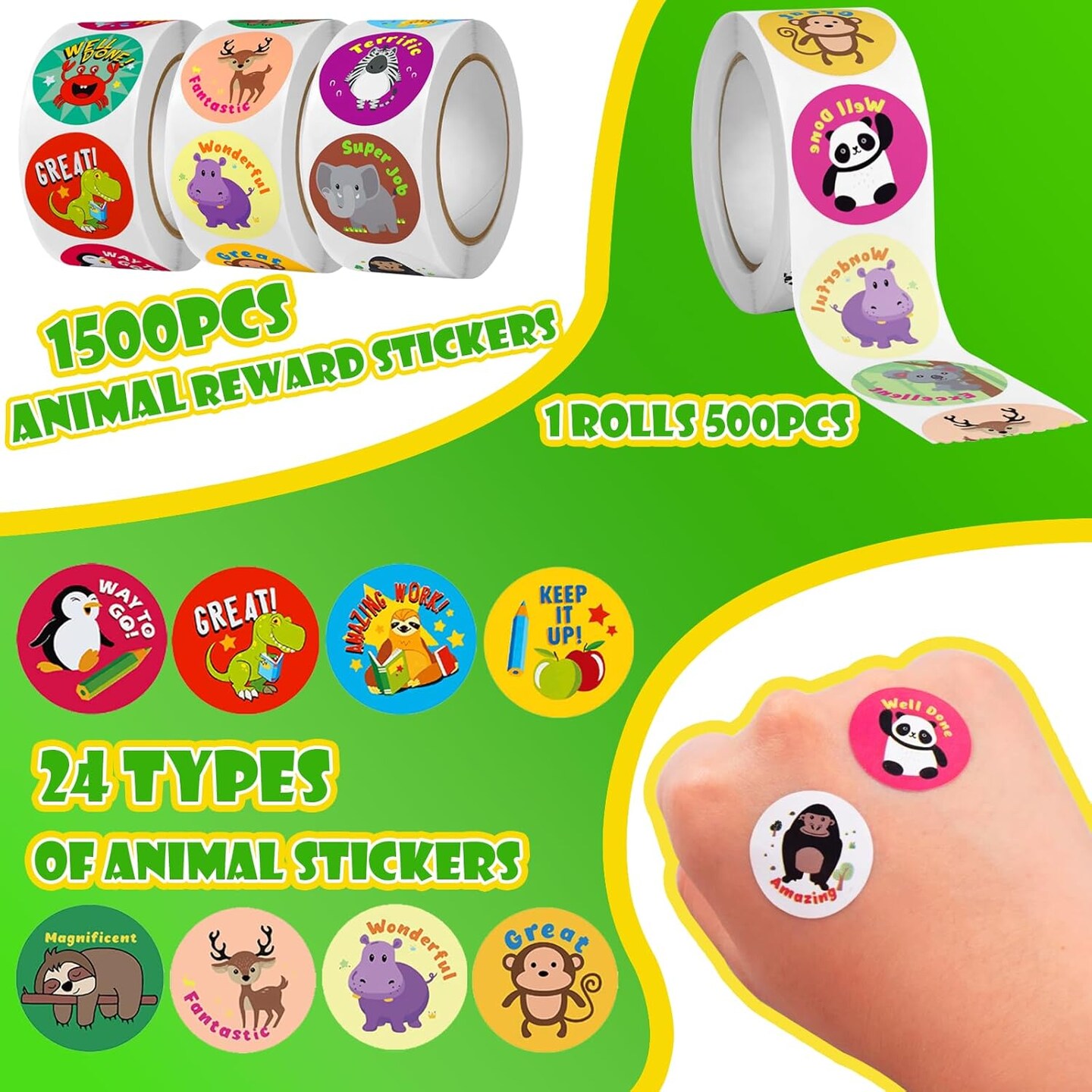1500PCS Round Animal Motivational Reward Stickers for Kids – 3 Rolls Classroom Incentive Stickers for Teachers | Cute Animal Behavior Chart, Potty Training & School Prize Stickers Bulk