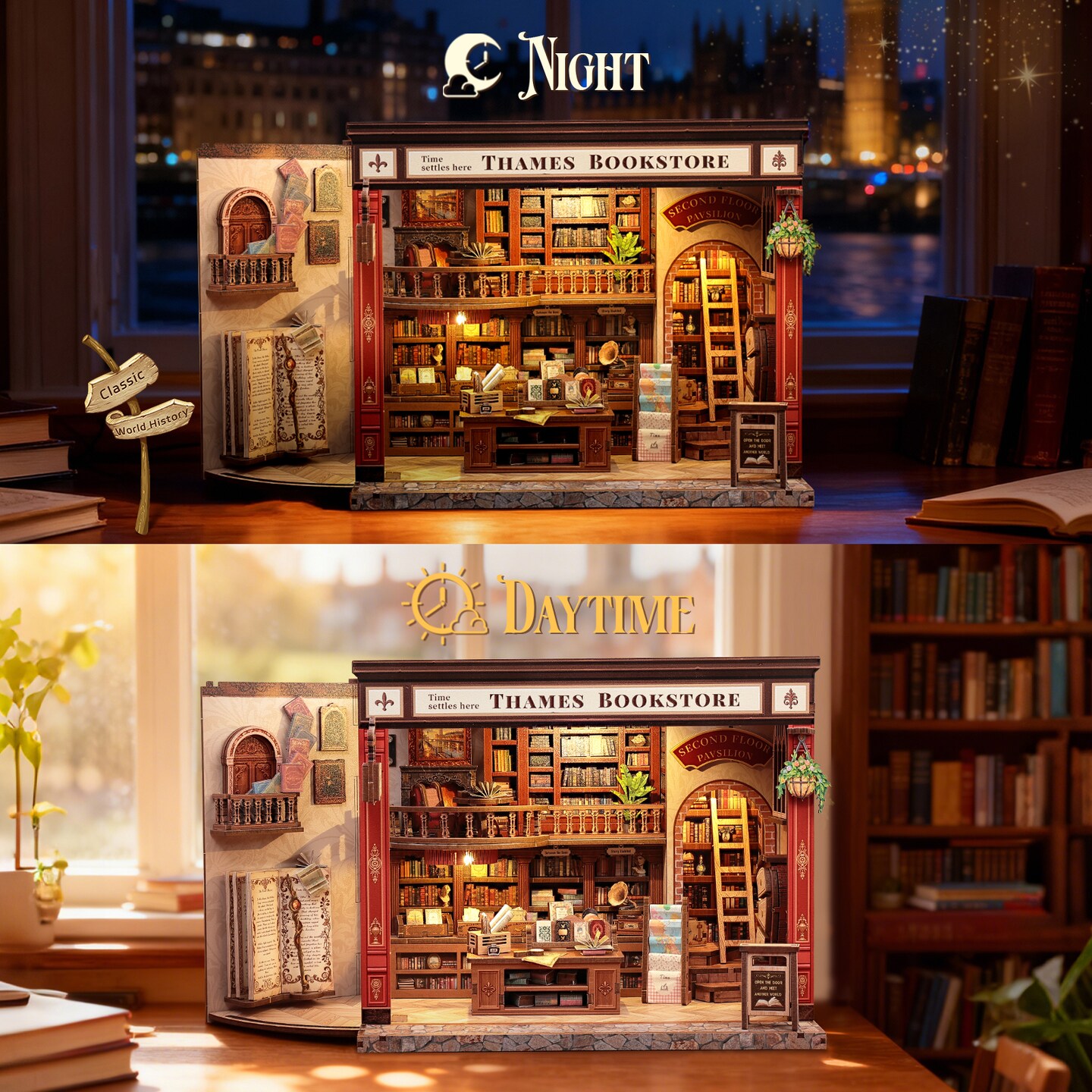 CUTEBEE Book Nook Kit Thames Bookstore DIY Miniature House Shelf Insert Diorama