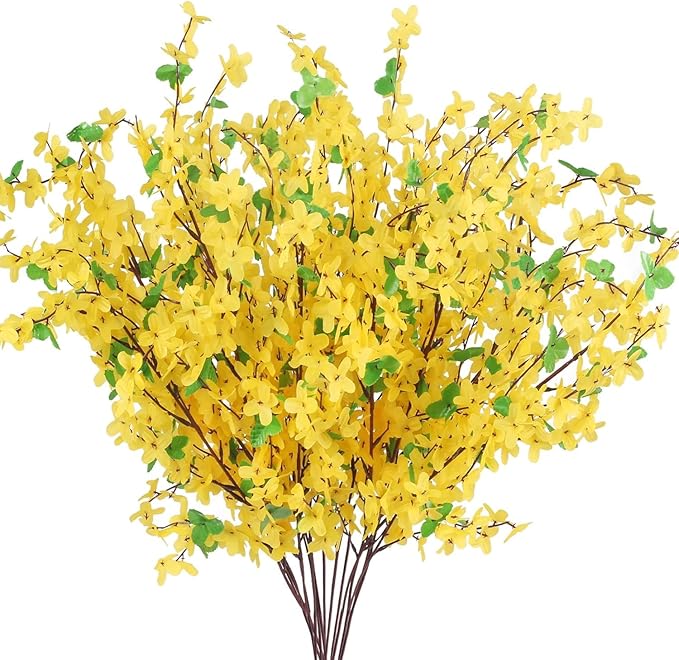 16PCS Artificial Flowers Yellow Silk Forsythia Branches Fake Winter Jasmine Long Stem Artificial Orchids Flowers Forsythia Stems for Home Indoor Outdoor Decor Wedding Party Cemetery (25.5in)