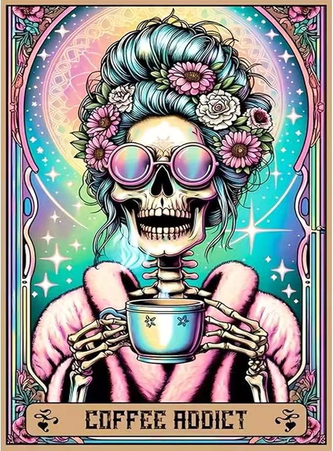 Skull Woman Tarot Diamond Art Kits for Adults – 5D Full Drill Round Diamond Painting Kit for Beginners, DIY Gem Mosaic Canvas (12x16 Inch), Halloween Wall Decor Craft Set