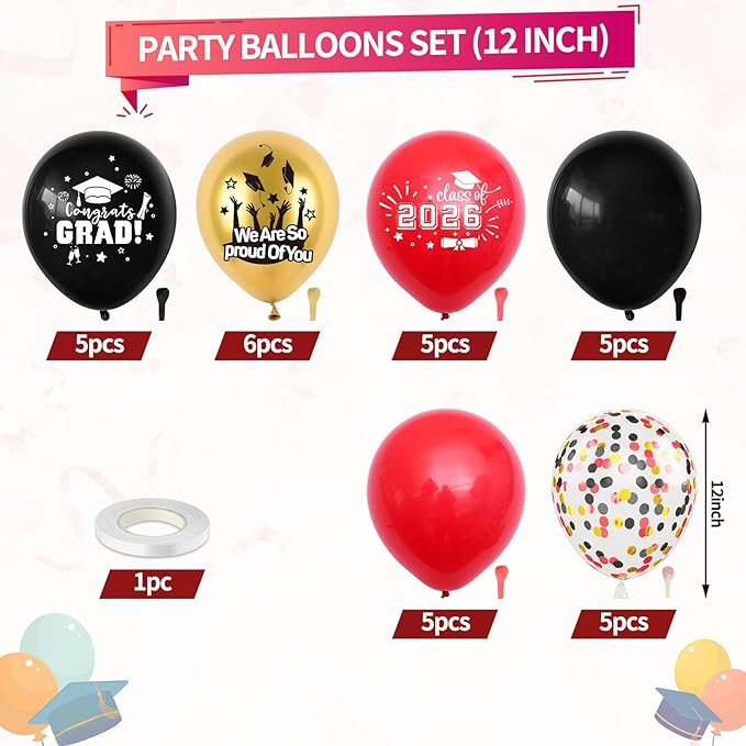 Graduation 2026 Balloons, 12 inch Red Black Gold Graduation Balloons Confetti Balloons for Graduation College High School Class of 2026 Congrats Grad Party Decorations