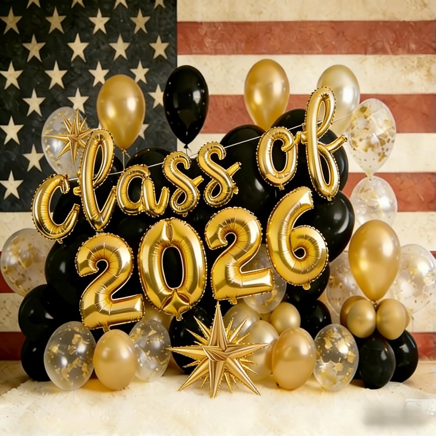 Class of 2026 Graduation Balloons Set - 12 Inch Black & Gold 2026 Letter Balloons - Foil "CLASS OF 2026" Sign with Starburst & Latex Balloons for High School, College, and Master’s Party Supplies