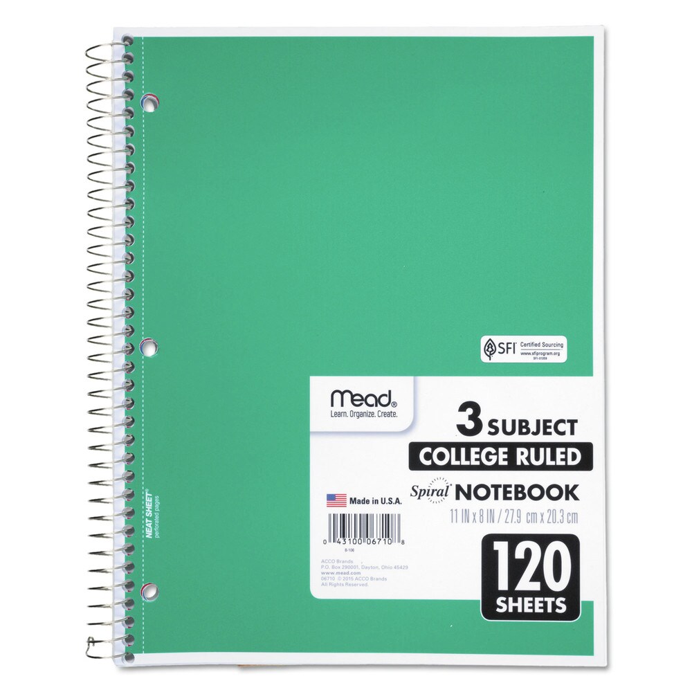 Mead 11 in. x 8 in. Sheets 3-Subject Medium/College Rule Spiral Notebook - Random Assorted Cover Color