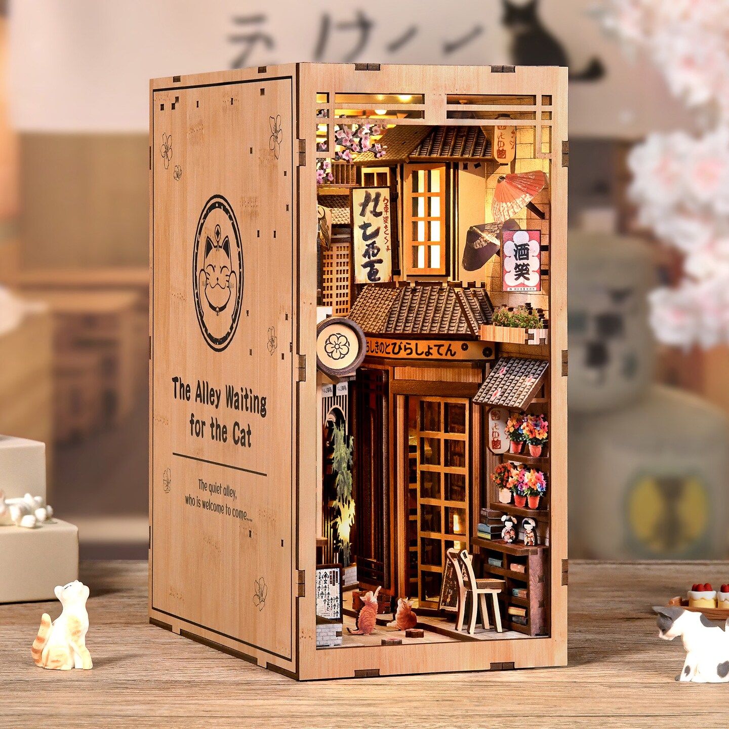 DIY Book Nook Kit with LED Light | Japanese Street Cat Miniature