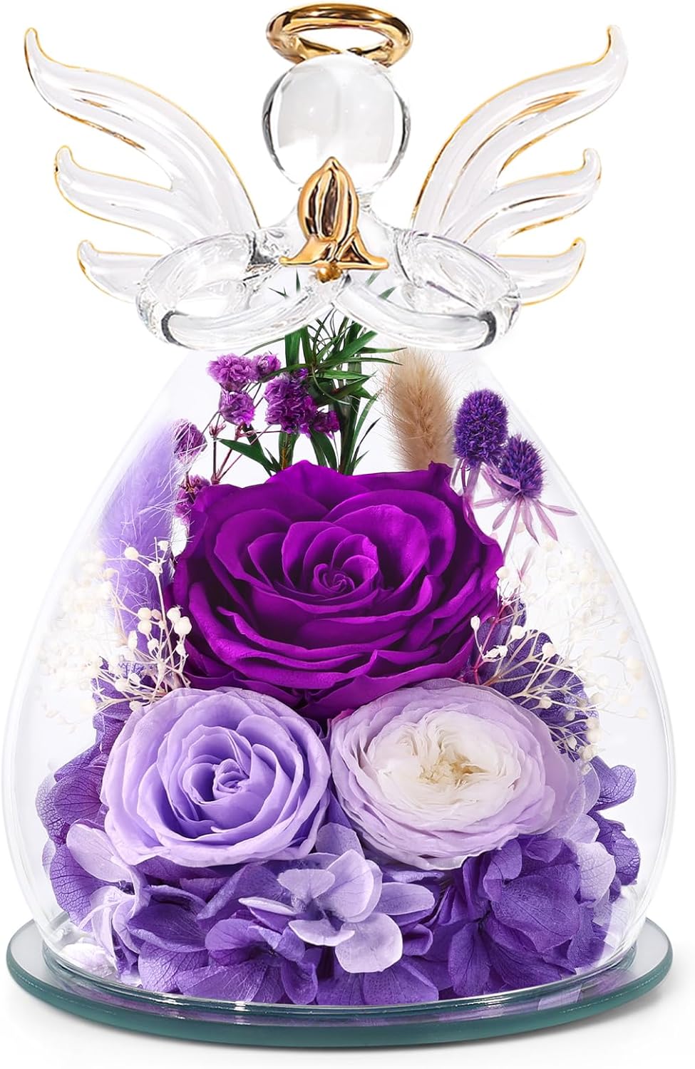 Preserved Rose in Glass Angel Dome with LED Light – Eternal Flower Gift for Mom, Wife, Grandma, Sister – Mother’s Day, Birthday, Anniversary Romantic Sympathy Gift with Luxury Box