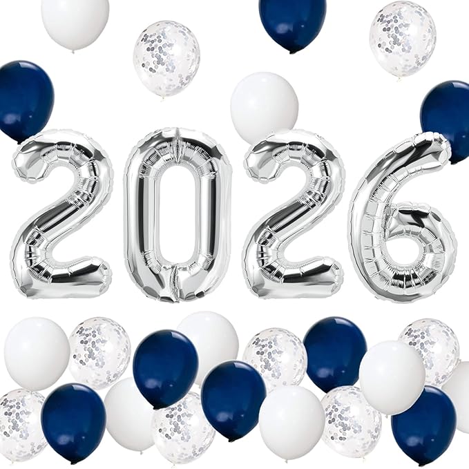 Graduation Party Supplies 2026 Decorations Kit, Silver 2026 Balloons, Navy Blue Silver and White Balloons Set, Navy Blue and Silver Graduation Decorations 2026, Class of 2026
