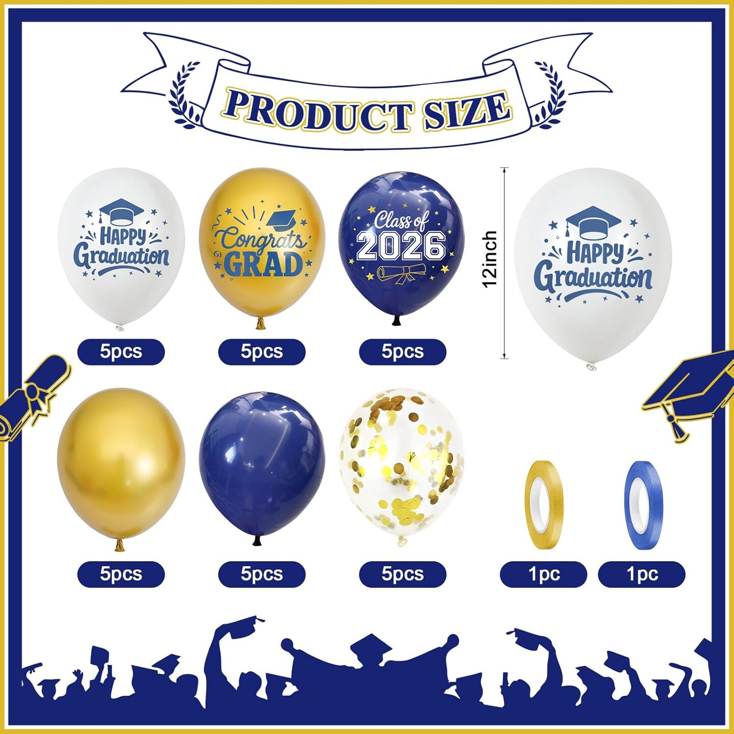 Navy Blue and Gold GRAD 2026 Graduation Balloons, Navy Blue Congrats GRAD Class of 2026 Printed Balloons Graduation Celebration Party Supplies Decorations