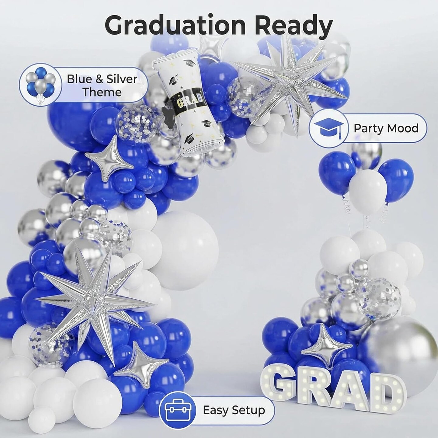Blue White Silver Graduation Balloon Arch Kit, 2026 Graduation Decorations with Grad Balloons and Exploding Star, Class of 2026 Graduation Party Decor, Photo Booth Backdrop Supplies