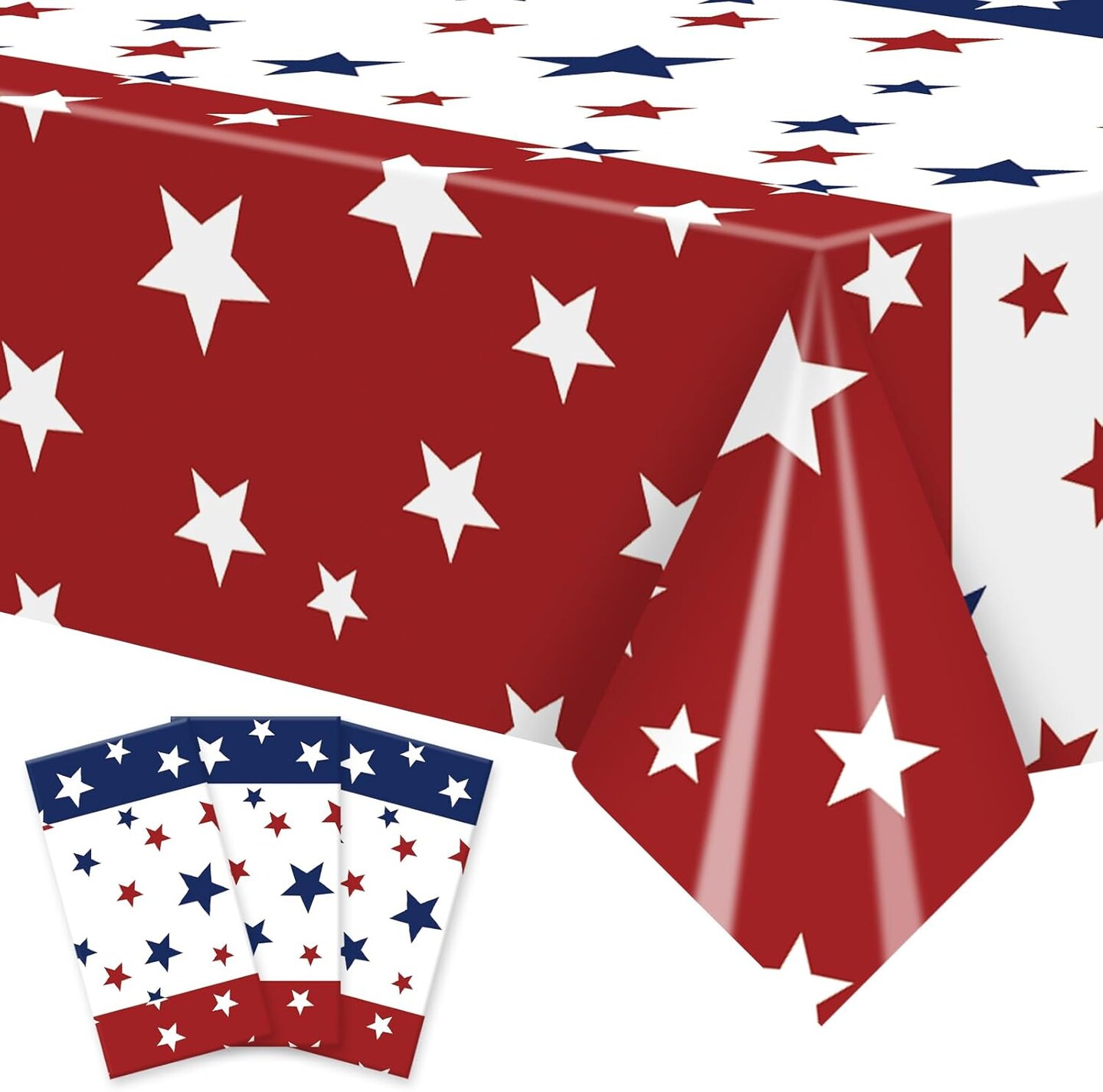 3 Pack Patriotic Plastic Tablecloth – 54 x 108 Inch Red, White & Blue Stars Disposable Rectangle Table Cover for 4th of July, Memorial Day & Independence Day Decorations
