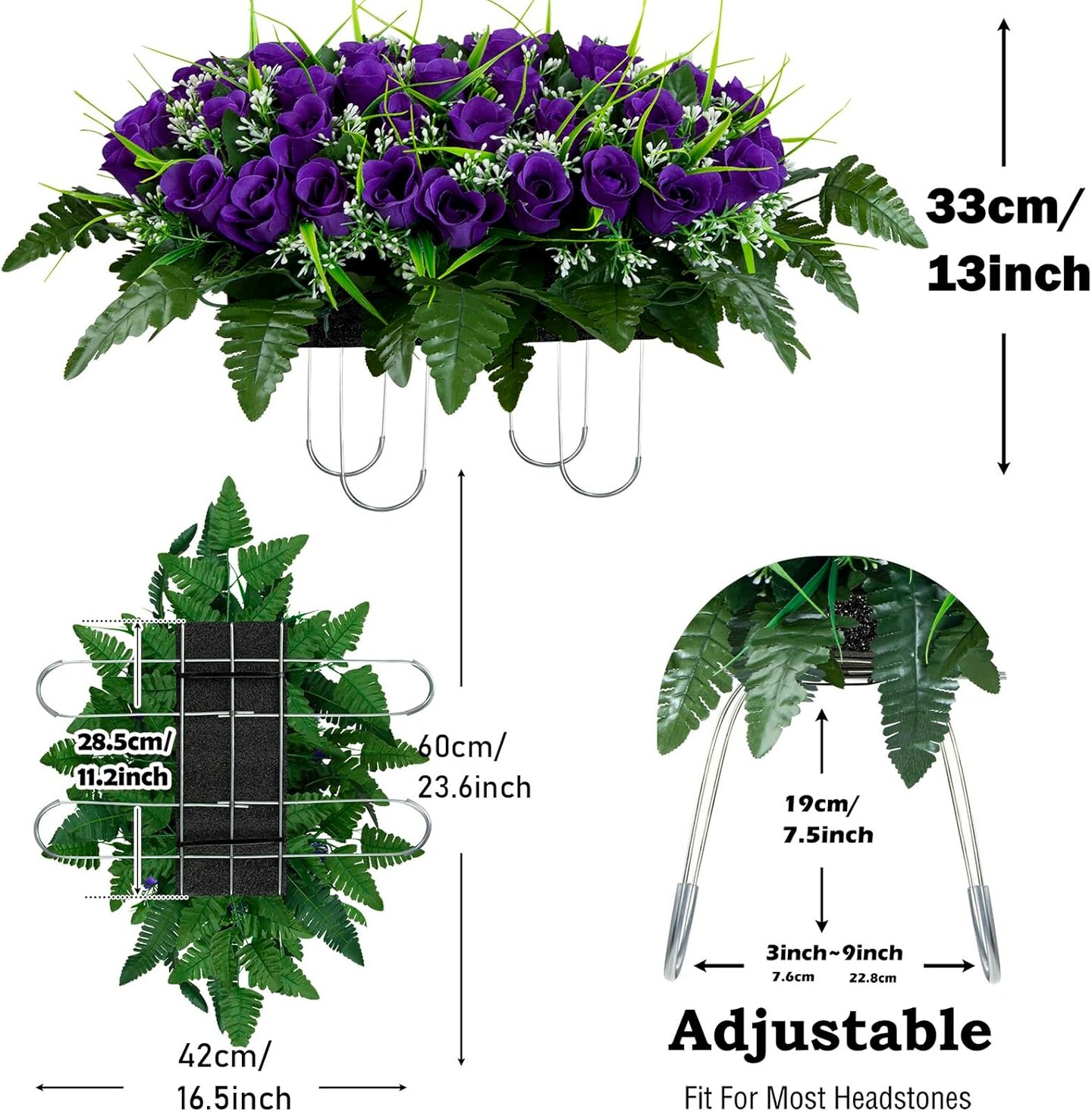 Artificial Cemetery Tombstone Flowers Saddle, Outdoor Grave Memorial Flowers Saddle for Headstone, Cemetery Decoration (Purple)