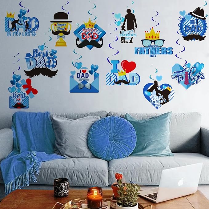 Happy Fathers Day Party Decorations Happy Fathers Day Party Banner Best Dad Ever Banner Hanging Swirls for Father's Day Party Supplies, Blue