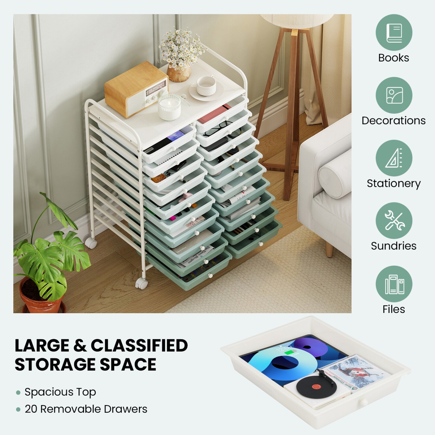 Space Saving Storage Organizer Cart with 20 Plastic Drawers and Mobile Wheels for Organizing Small Items at Home