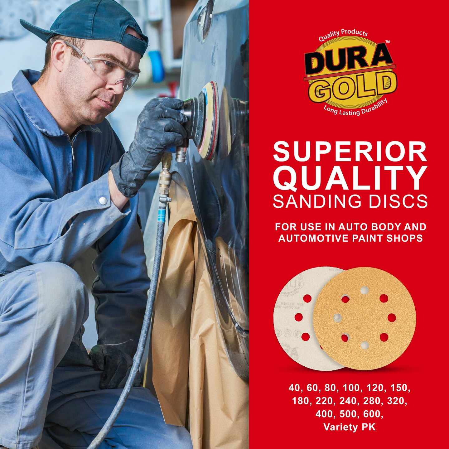 Variety Grit Pack - 5" Gold DA Sanding Discs - 8-Hole Pattern Hook and Loop - 10 each of Grit (60, 80, 120, 220, 320) - Box of 50