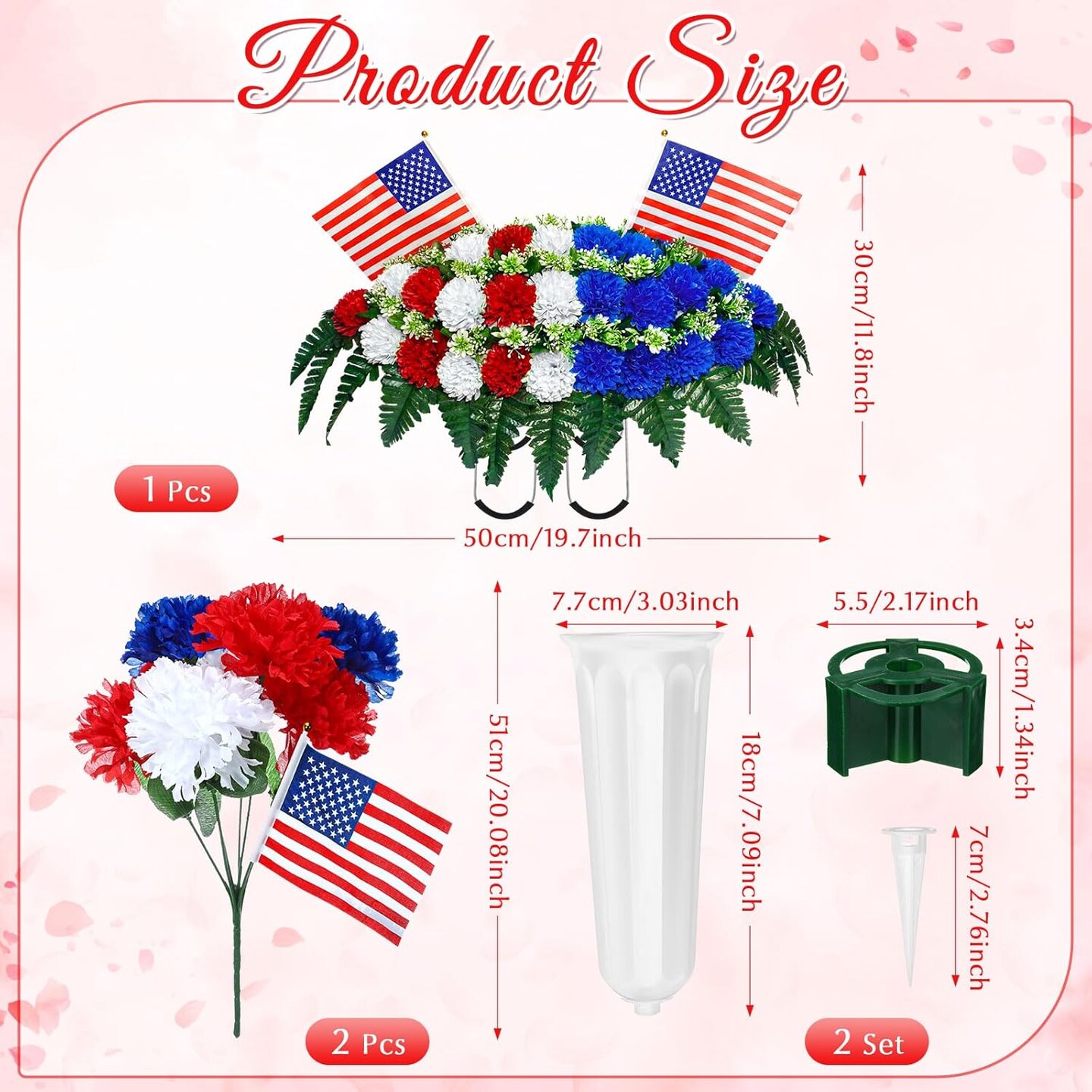 3 Pcs Patriotic Cemetery Flowers Set - Red White & Blue Memorial Day Headstone Flower Saddle & 2 Matching Vases - UV Resistant Silk Mums & American Flags - Patriotic Grave Decorations for Veterans