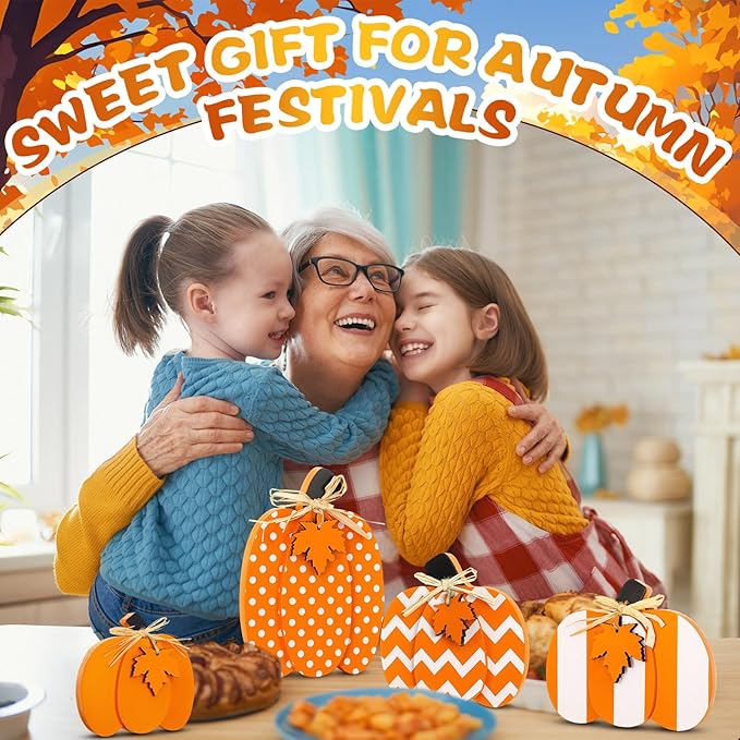 4 Pcs Thanksgiving Wooden Pumpkin Decor 3D Pumpkin Tabletop Signs Farmhouse Thanksgiving Fall Standing Table Centerpieces Rustic Tiered Tray Decor for Home Kitchen Party(Orange and White)