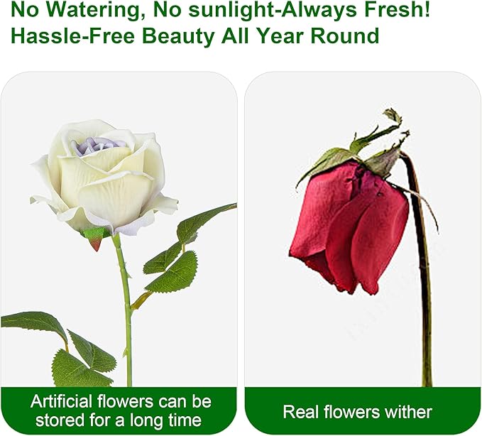 Artificial Flowers Roses Touch Fake Rose Bouquet Flower Stem for Wedding Centerpieces DIY Wreath Home Decorations Silk Roses Mothers Party Fake Outdoor Flowers Decor (Purple Heart 50PCS)
