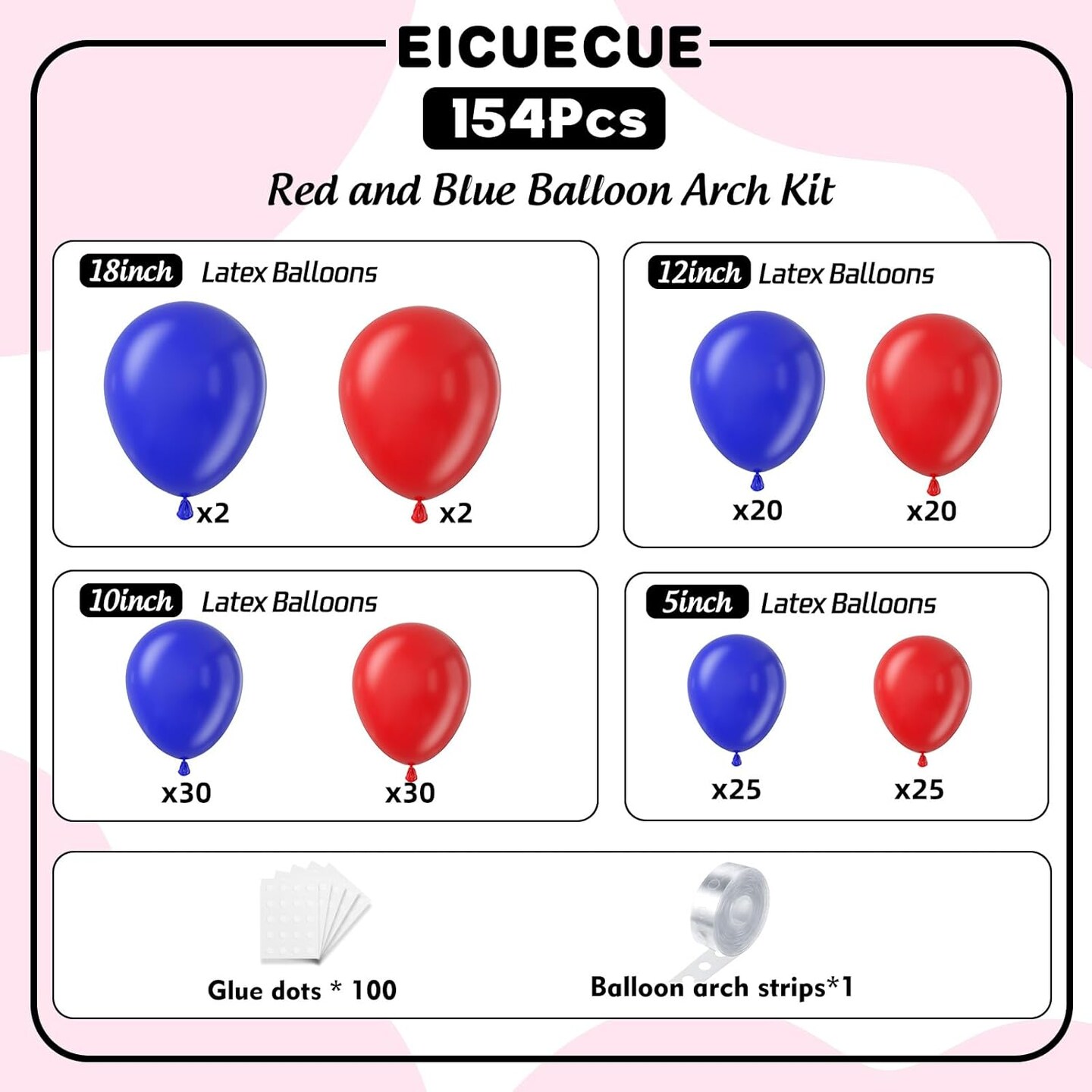 154PCS Red and Blue Balloon Garland Arch Kit – Royal Blue & Red Balloons in 5–18 Inch Sizes for Birthday, Wedding, Baby Shower, Graduation, Independence Day & Themed Party Decorations