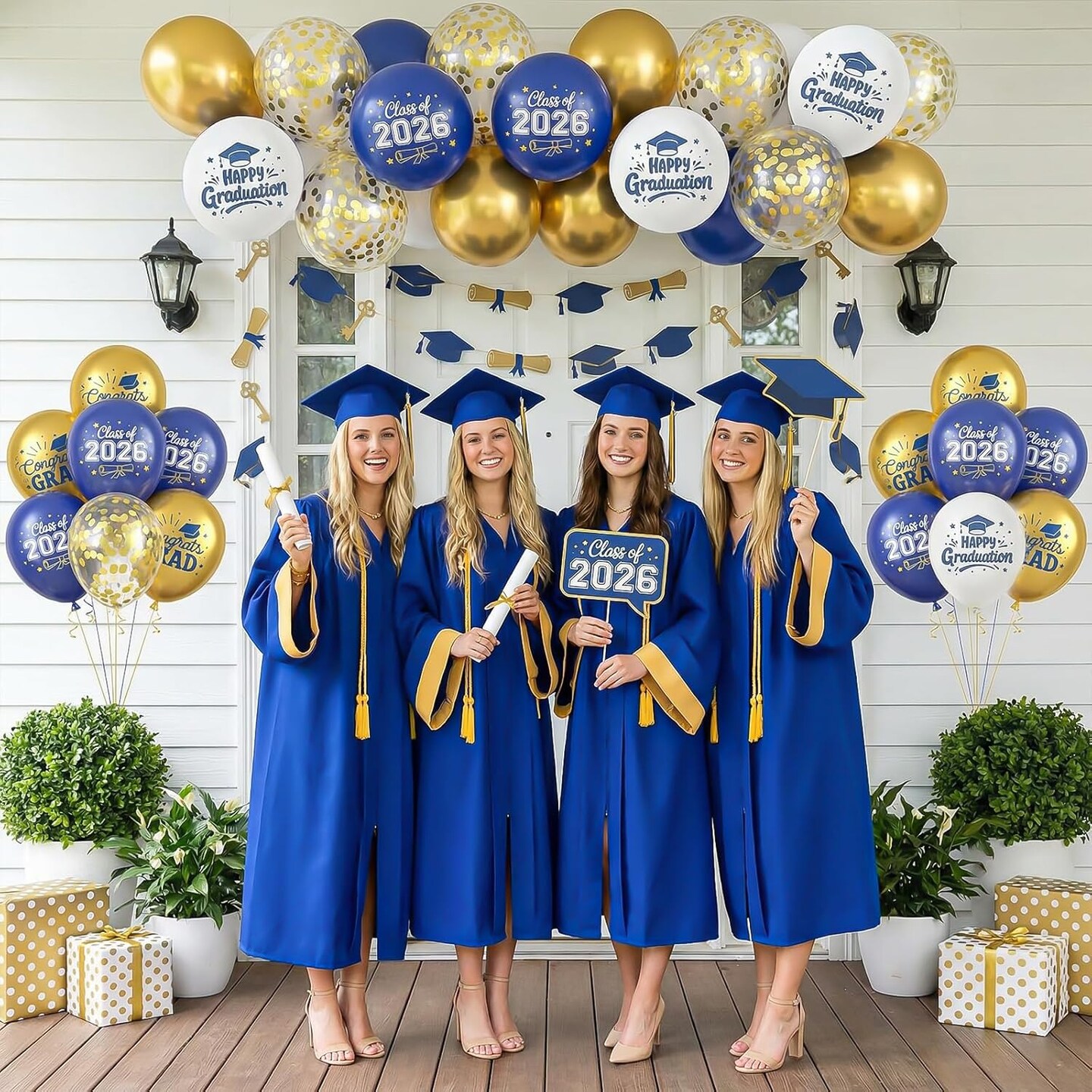 Navy Blue and Gold GRAD 2026 Graduation Balloons, Navy Blue Congrats GRAD Class of 2026 Printed Balloons Graduation Celebration Party Supplies Decorations
