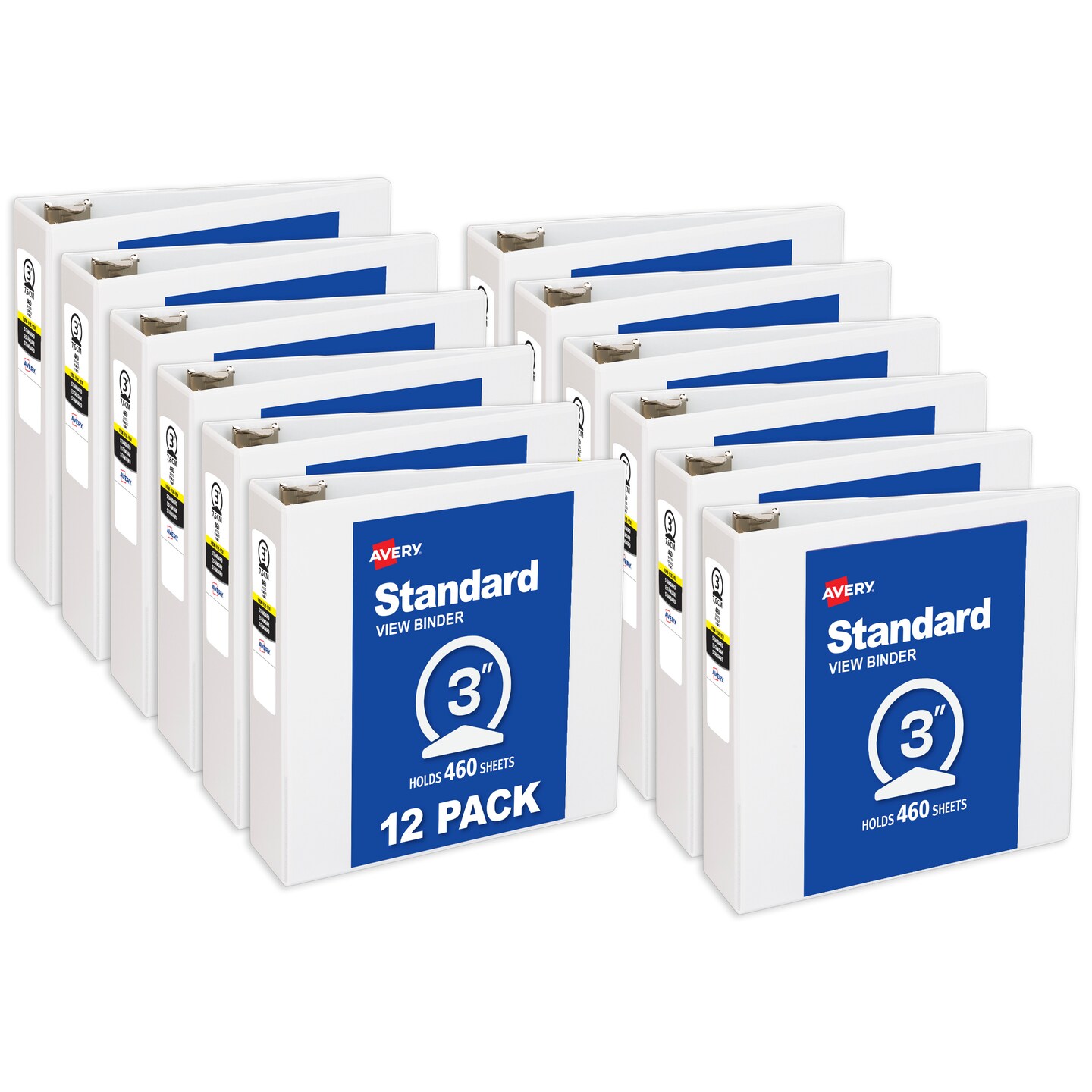 Avery® Standard View 3 Ring Binder, 3" Round Rings, 460-Sheet Capacity, 3.5 Inch Wide Spine, 1 White Binder, Ideal for Lightweight Organization and Occasional Referencing (05741) - 12 Pack