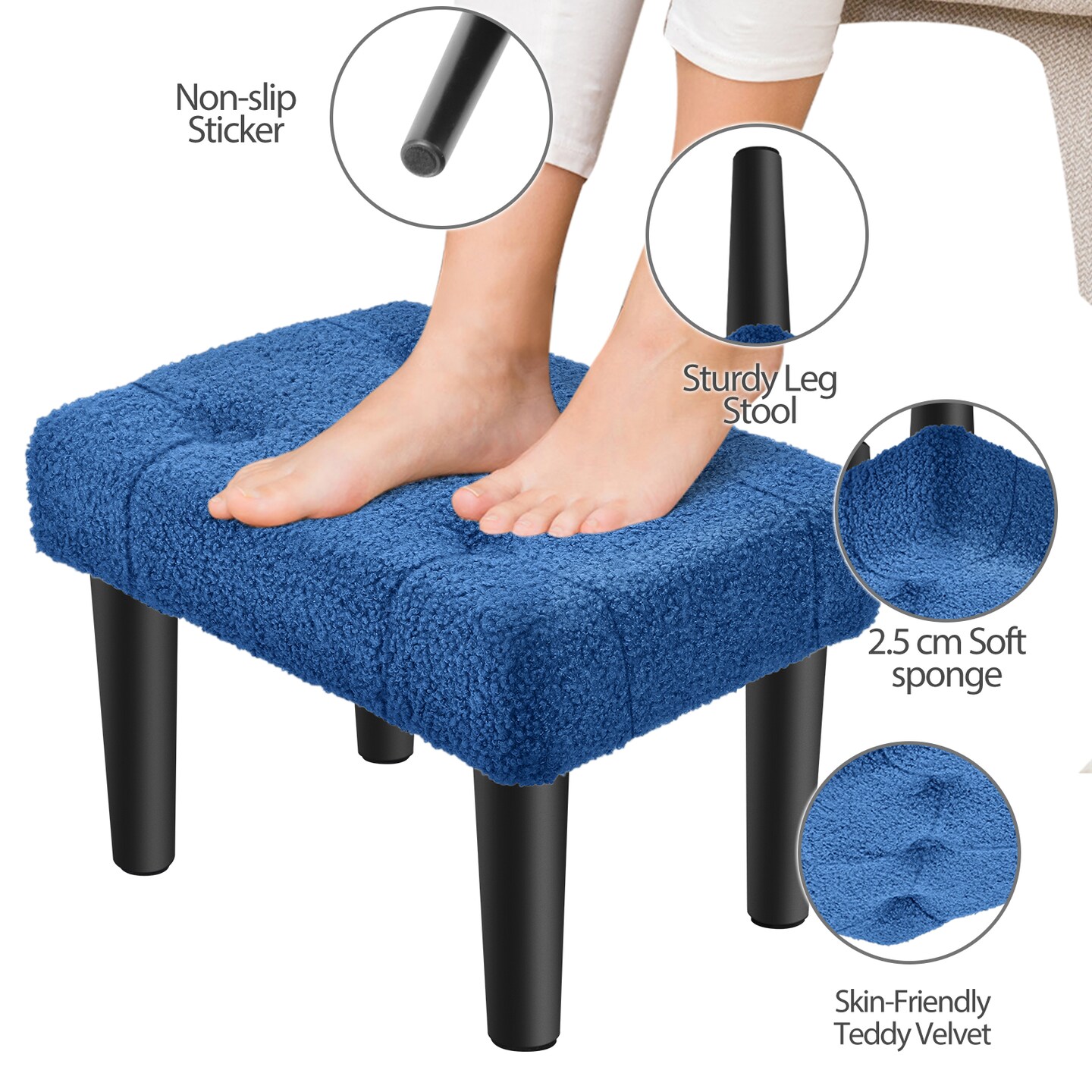 Blue Small Tufted Footrest Stool, Compact Teddy Velvet Ottoman for Living Room