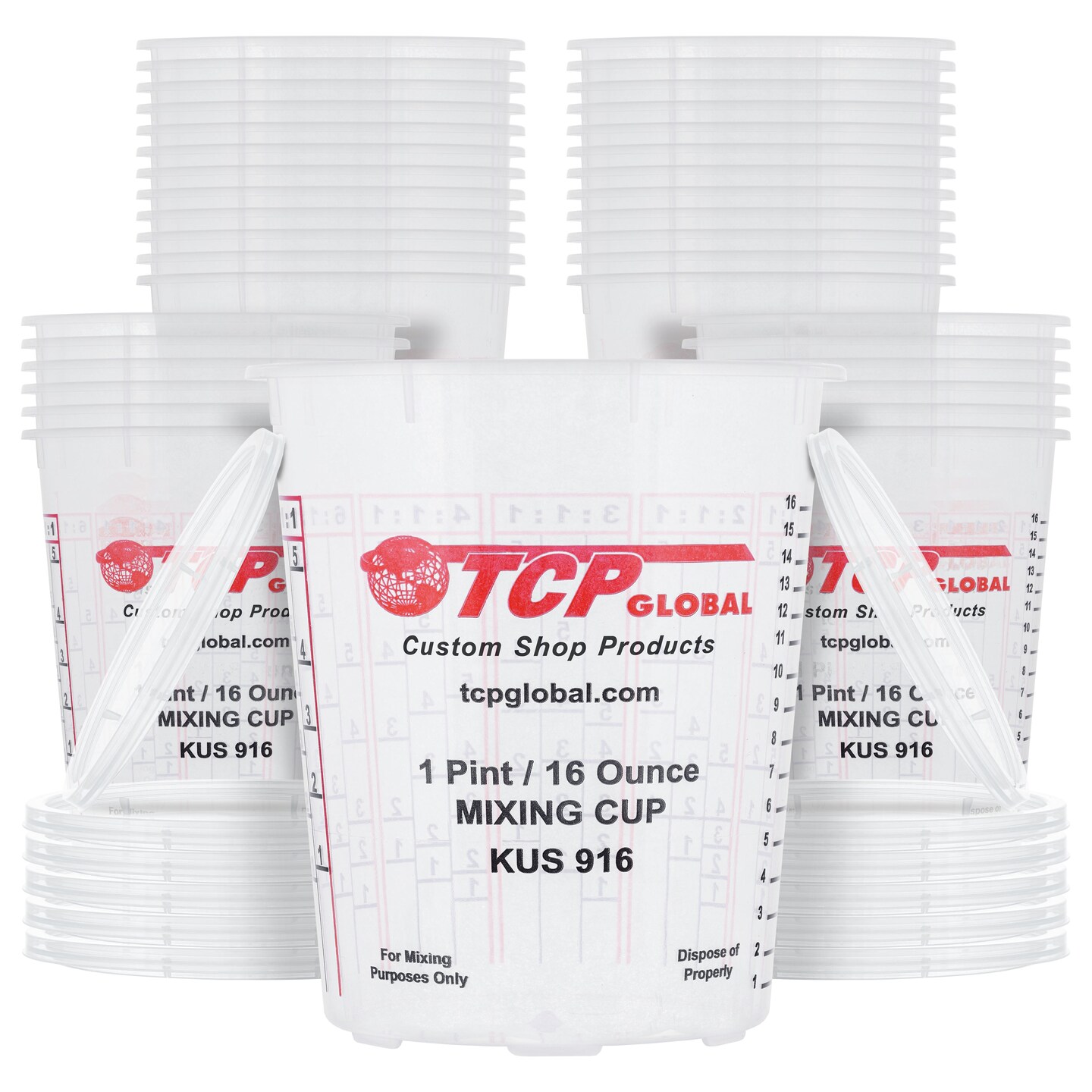 Custom Shop Paint Mixing Cups, 16-Ounce (Box of 36) - Plastic Measuring Cups for Liquids, Automotive Painting, Epoxy Resin, Acrylic Arts, Crafts, Disposable or Reusable, Graduated, Mixing Ratios