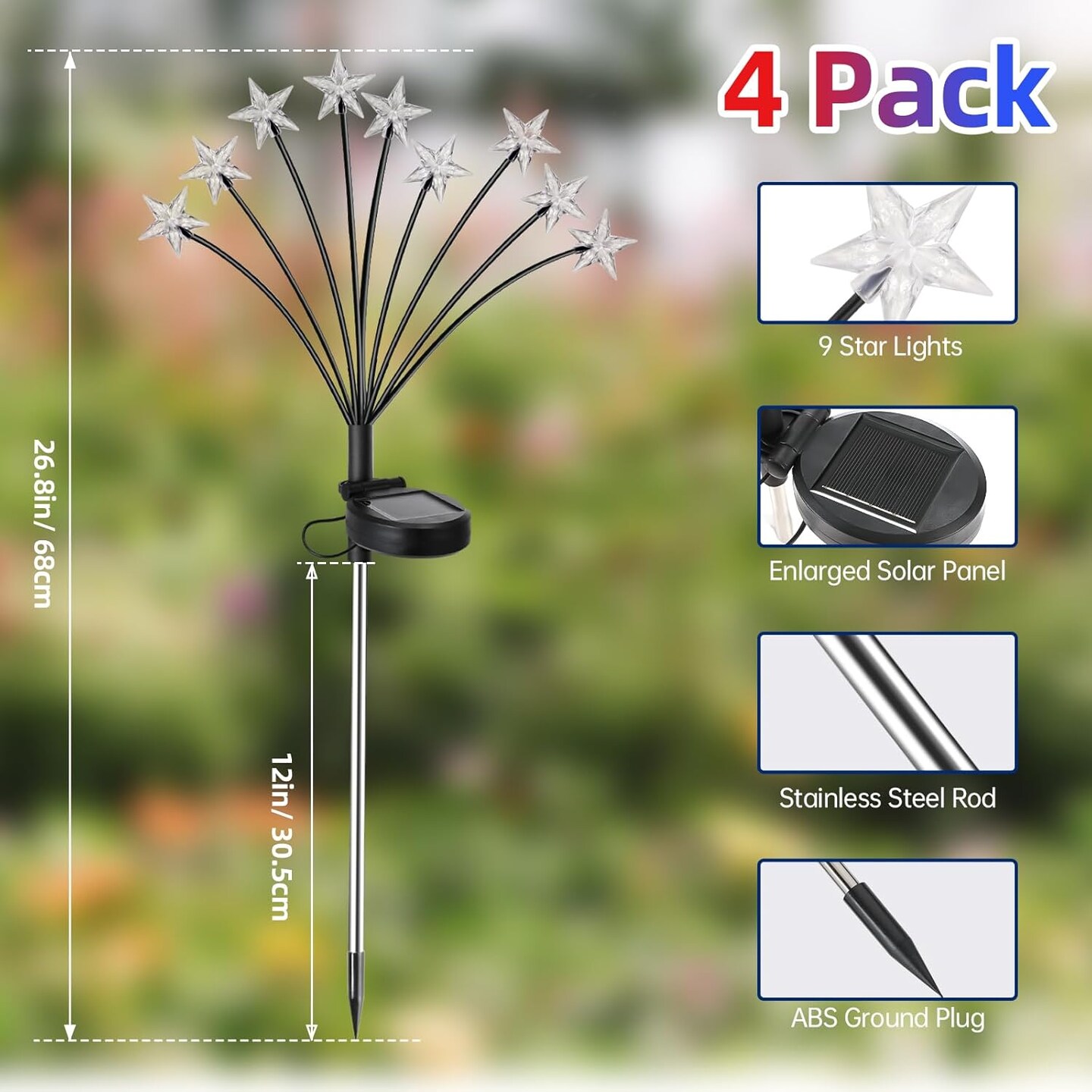 4 Pack 4th of July Solar Garden Lights – Red White Blue Patriotic Star LED Pathway Lights Outdoor Waterproof Independence Day Decor with 2 Modes for Yard, Lawn, Patio
