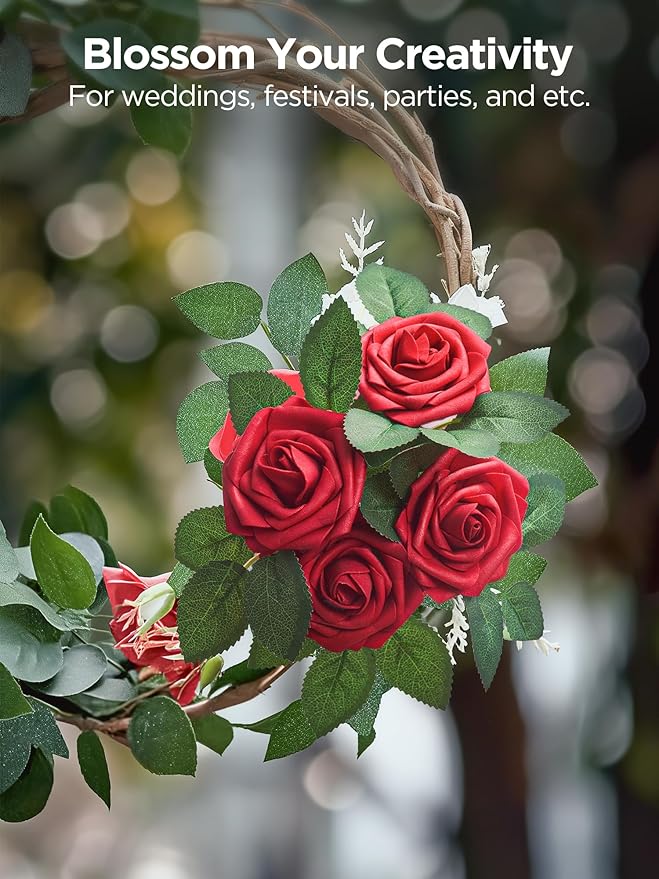 Artificial Flowers, 100 Pcs Dark Red Foam Fake Roses Bulk with Stems for Decoration DIY Wedding Bouquets Centerpieces Bridal Shower Party Christmas Tree