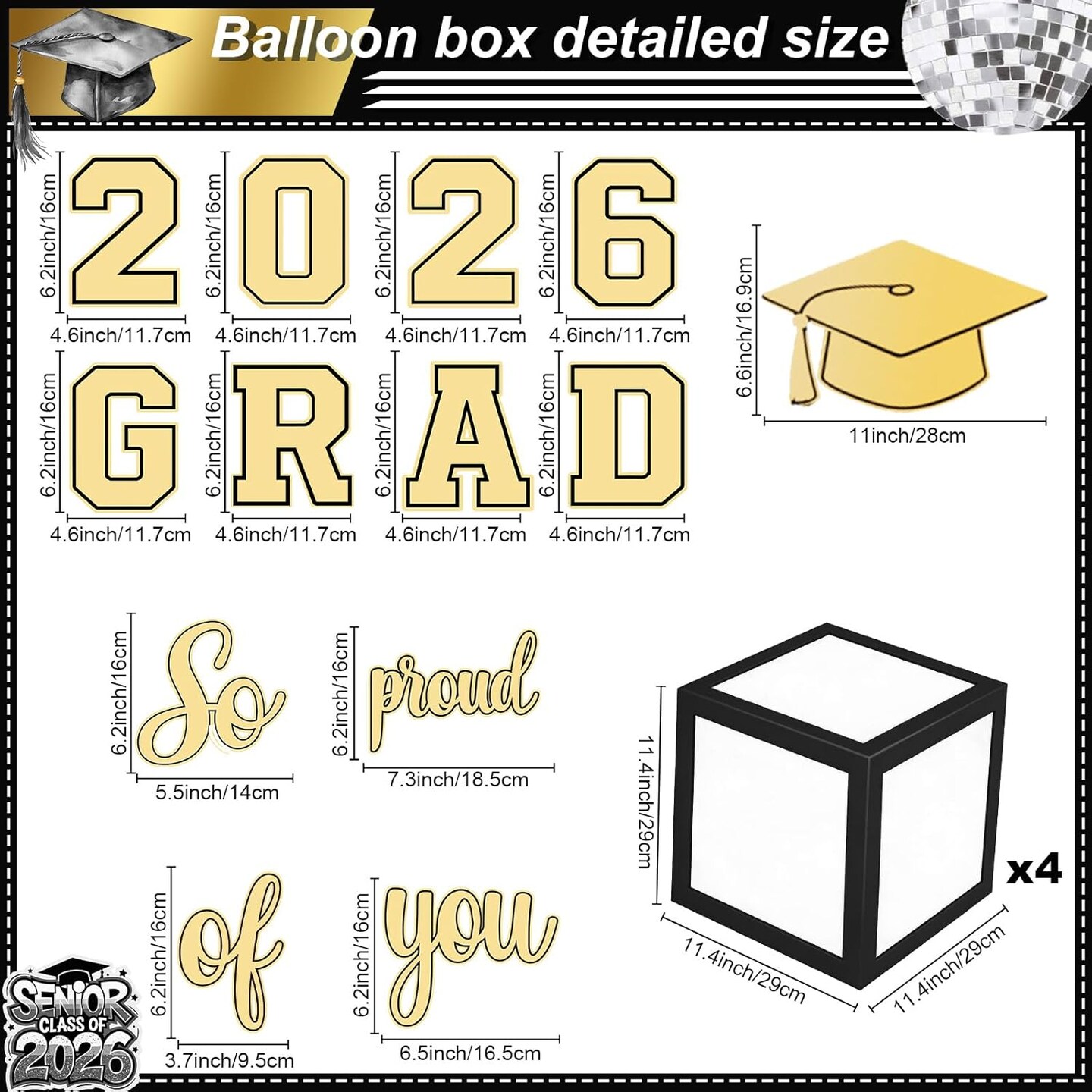 Gold & Black Graduation Balloon Arch & Box Set 2026 – 85-Piece Congrats Grad Decorations with Foil & Latex Balloons, Graduation Cap, Diploma, Star Balloons for High School, College, and PhD Party